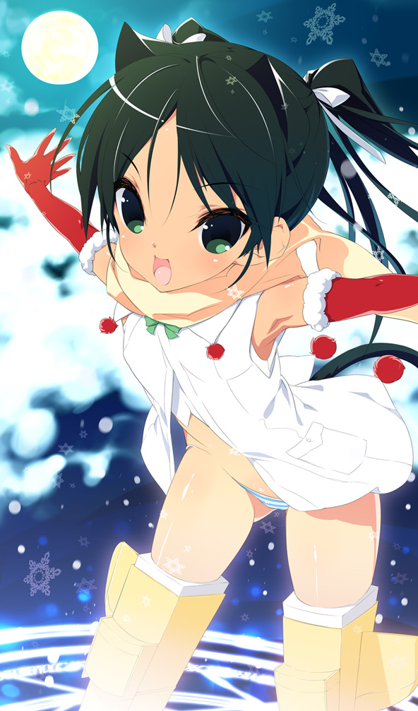 show (rinnetenshow), francesca lucchini, strike witches, world witches series, bad id, bad pixiv id, 00s, 1girl, animal ears, black hair, cat ears, cat tail, christmas, elbow gloves, fang, female focus, flat chest, gloves, green eyes, loli, no pants, panties, snow, solo, striped clothes, striped panties, tail, twintails, underwear
