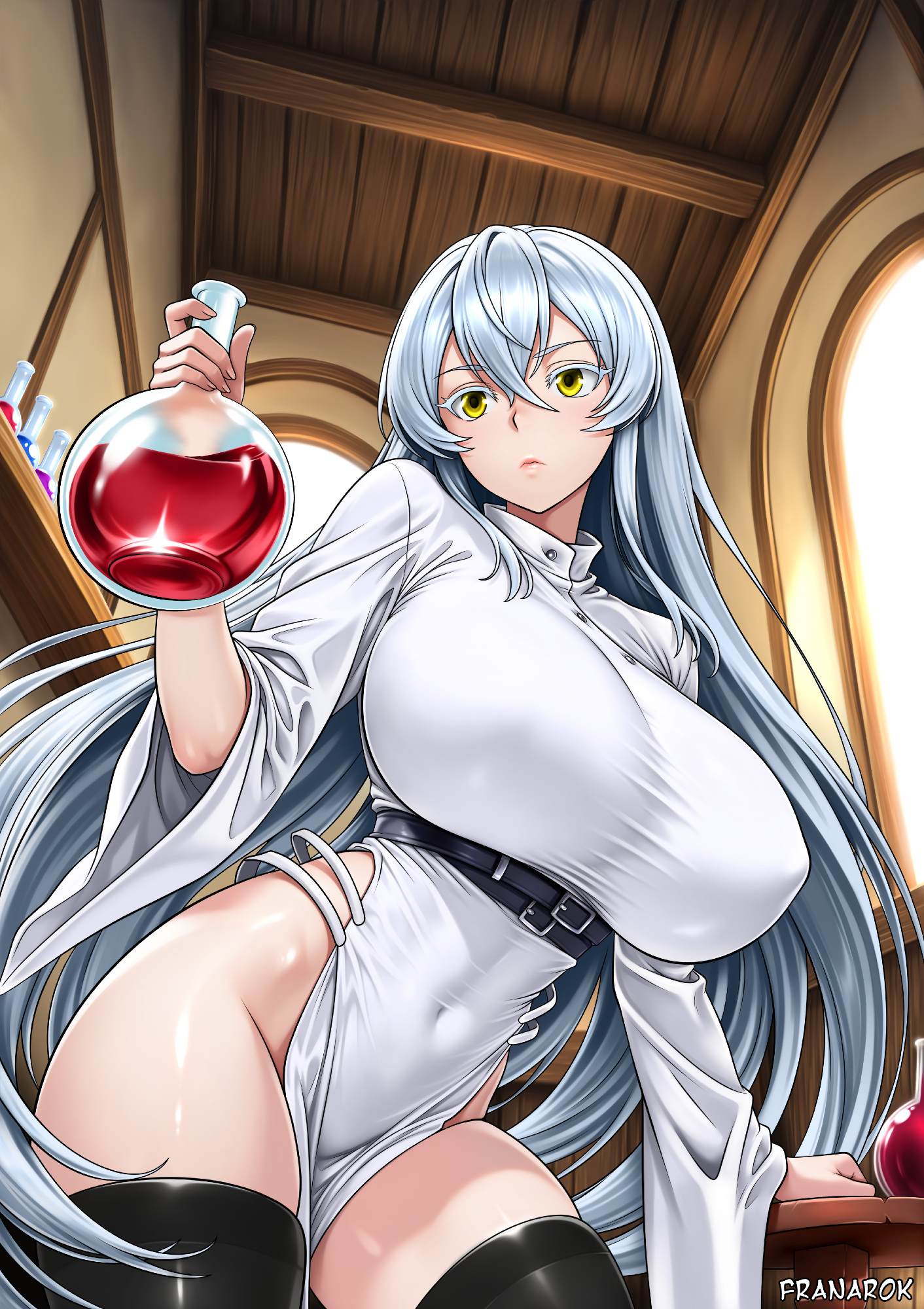 franarok, original, commentary, english commentary, highres, 1girl, artist name, belt, black thighhighs, breasts, closed mouth, covered navel, dress, expressionless, flask, grey hair, groin, hair between eyes, large breasts, long hair, looking at object, potion, round-bottom flask, shelf, solo, thick eyelashes, thighhighs, very long hair, white dress