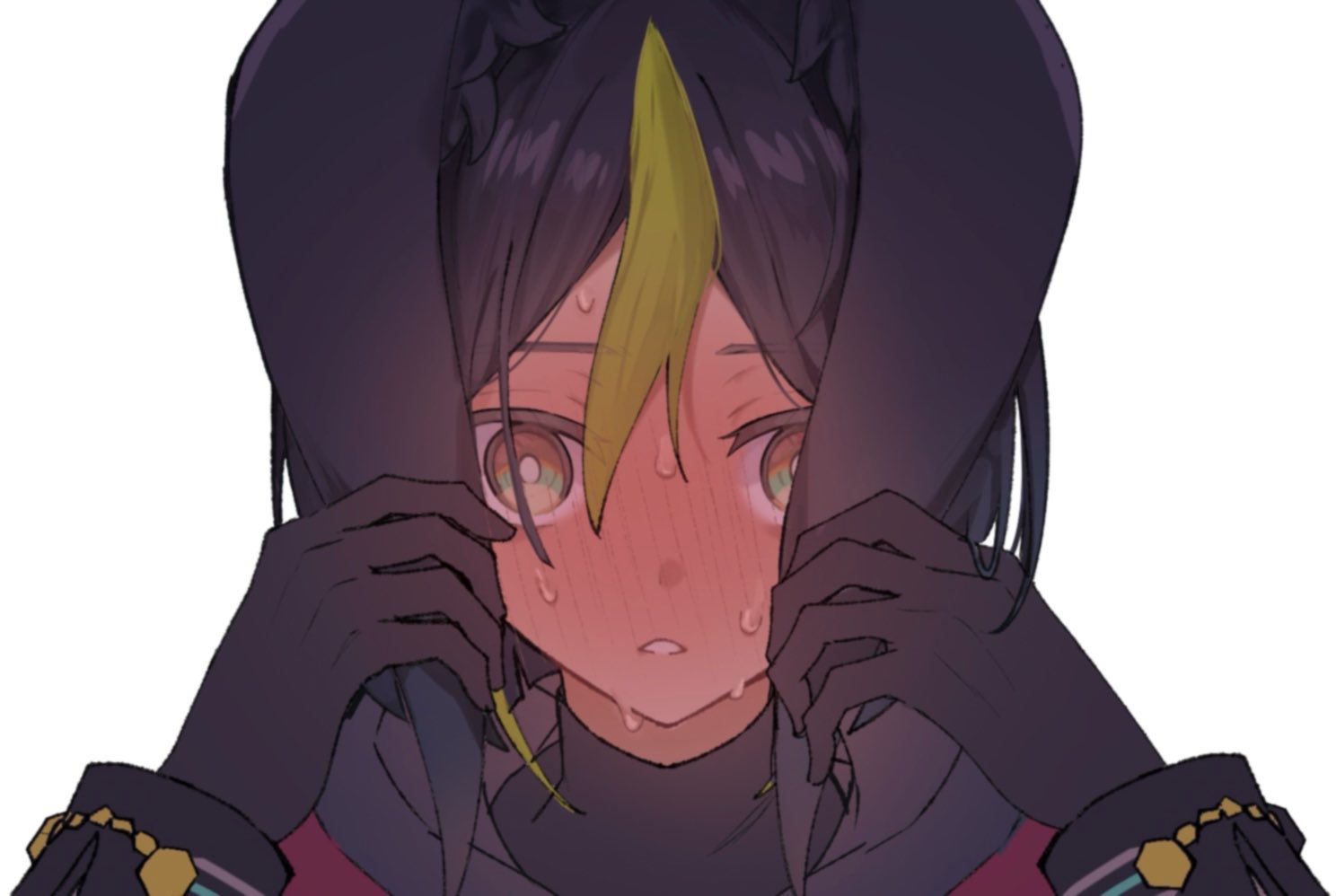 gorila chan, tighnari (genshin impact), genshin impact, commentary request, 1boy, animal ears, arms up, black gloves, black hair, black shirt, blush, fox boy, fox ears, full-face blush, gloves, green hair, hair between eyes, holding own ears, long sleeves, male focus, multicolored eyes, multicolored hair, nervous, parted bangs, parted lips, shirt, simple background, solo, streaked hair, white background, wide-eyed