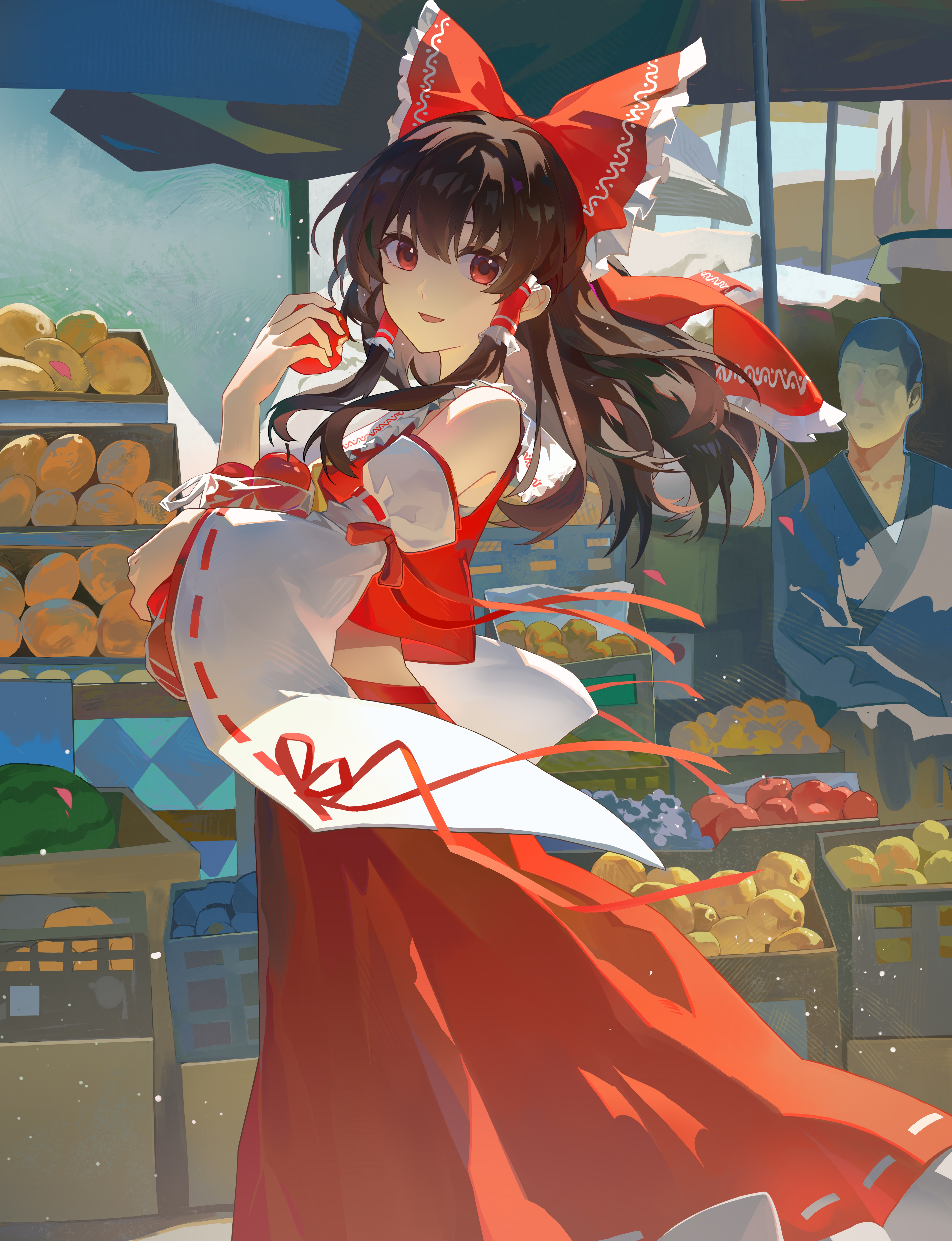 hakurei reimu, touhou, absurdres, commentary, highres, symbol-only commentary, 1boy, 1girl, apple, ascot, basket, bitten apple, blue kimono, bow, box, brown hair, day, detached sleeves, food, food bite, frilled bow, frilled hair tubes, frills, fruit, hair bow, hair tubes, holding, holding food, holding fruit, japanese clothes, kimono, long hair, open mouth, outdoors, qianeyejiaorouji, red bow, red eyes, red ribbon, red shirt, red skirt, ribbon, ribbon-trimmed sleeves, ribbon trim, shirt, skirt, sleeveless, sleeveless shirt, smile, watermelon, white sleeves, wide sleeves