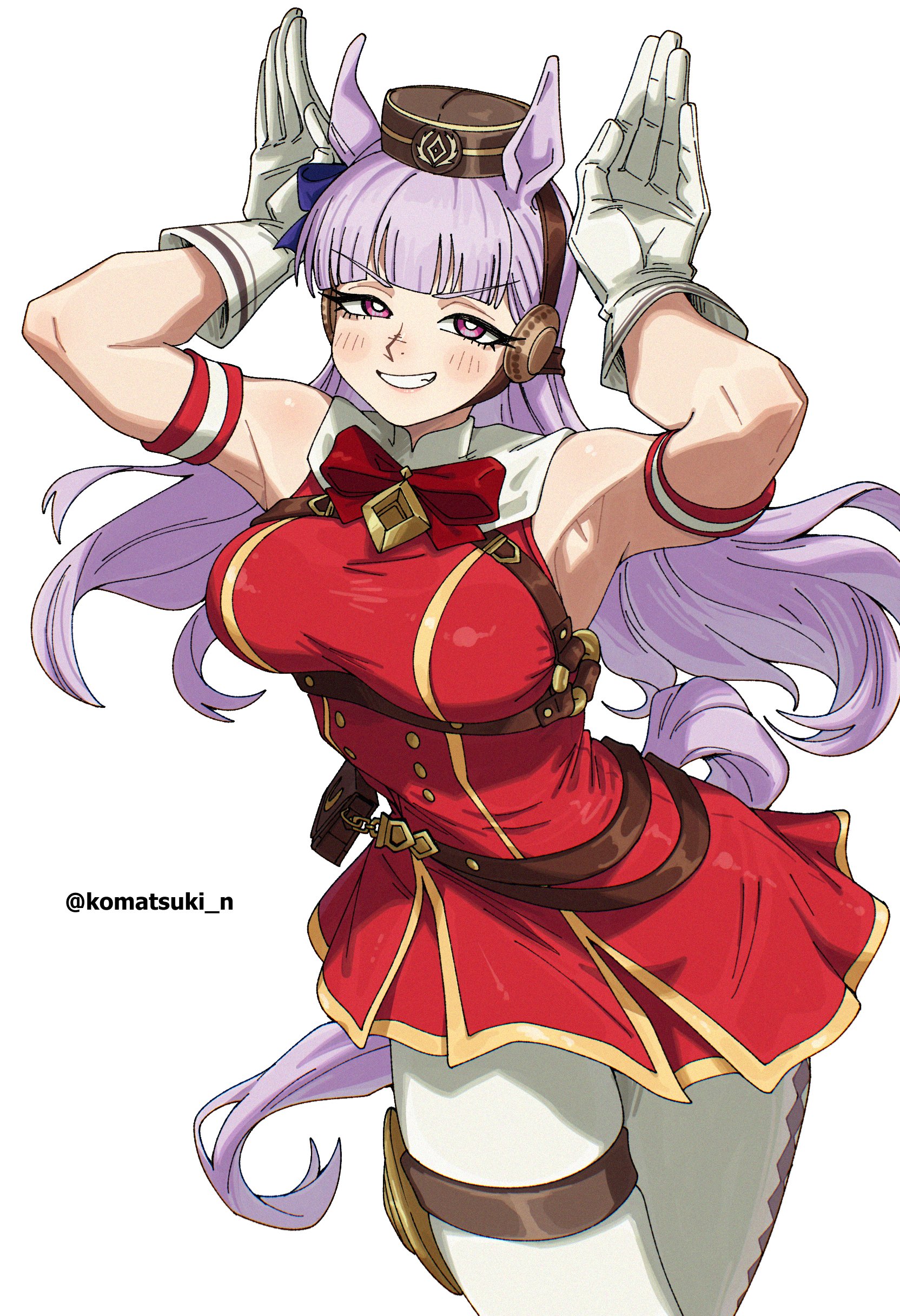 komatsuki n, gold ship (red strife) (umamusume), gold ship (umamusume), umamusume, absurdres, highres, 1girl, animal ears, armband, blunt bangs, blush, bow, bowtie, breasts, brown hat, dress, ear bow, ear ribbon, gloves, grey hair, grin, hat, horse ears, horse girl, horse tail, large breasts, leggings, long hair, looking at viewer, open mouth, pantyhose, pillbox hat, purple bow, purple eyes, red bow, red bowtie, red dress, simple background, sleeveless, sleeveless dress, smile, solo, striped armband, striped clothes, tail, teeth, thigh strap, white background, white gloves, white leggings, white pantyhose