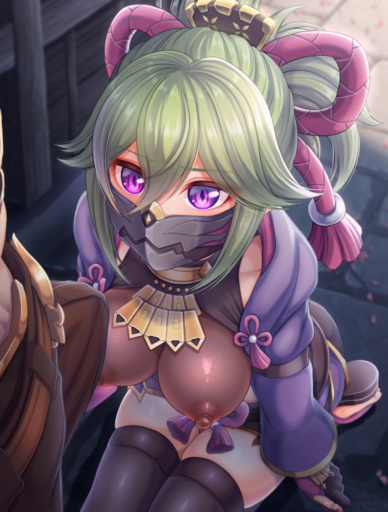 can (canzume), aether (genshin impact), kuki shinobu, genshin impact, commentary request, large variant set, paid reward available, variant set, 1boy, 1girl, black gloves, black mask, black thighhighs, breasts, bulge, covered erect nipples, erection, erection under clothes, gloves, green hair, hetero, jacket, large breasts, long sleeves, mask, mouth mask, purple eyes, purple jacket, seiza, sitting, solo focus, thighhighs