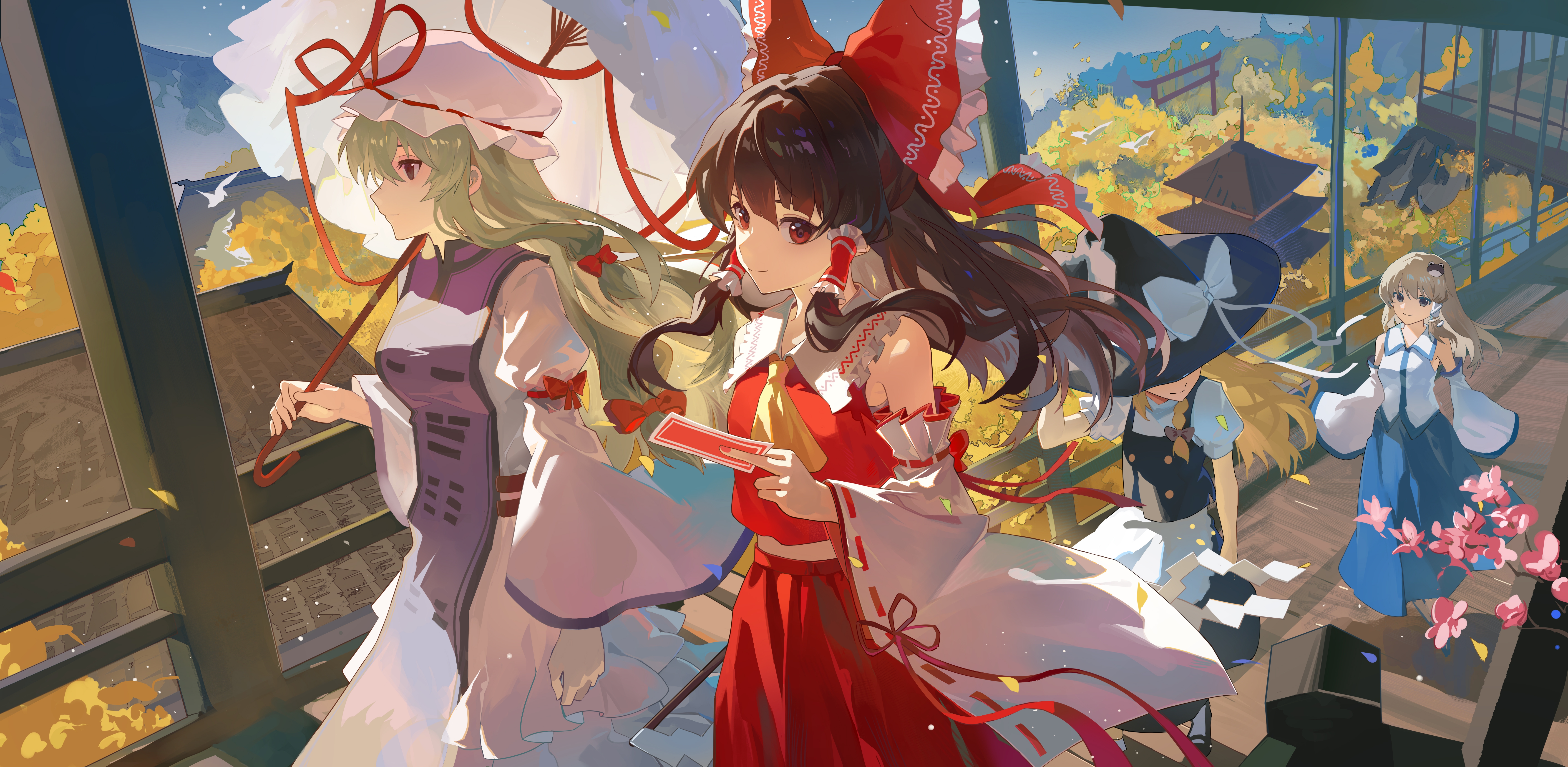 hakurei reimu, kirisame marisa, kochiya sanae, yakumo yukari, touhou, absurdres, highres, 4girls, apron, architecture, ascot, between fingers, bird, black hat, black skirt, black vest, blonde hair, blue skirt, bow, branch, brown hair, closed mouth, detached sleeves, east asian architecture, flower, frilled bow, frilled hair tubes, frills, gohei, hair bow, hair tubes, hat, holding, holding gohei, holding umbrella, looking ahead, looking at another, looking back, midriff peek, mob cap, multiple girls, ofuda, ofuda between fingers, pagoda, parasol, pink flower, purple tabard, qianeyejiaorouji, red eyes, red ribbon, red skirt, ribbon, ribbon-trimmed hat, ribbon-trimmed sleeves, ribbon trim, shirt, shrine, skirt, sleeveless, sleeveless shirt, smile, tabard, torii, umbrella, vest, waist apron, walking, white apron, white umbrella, wide sleeves, witch hat, yellow ascot