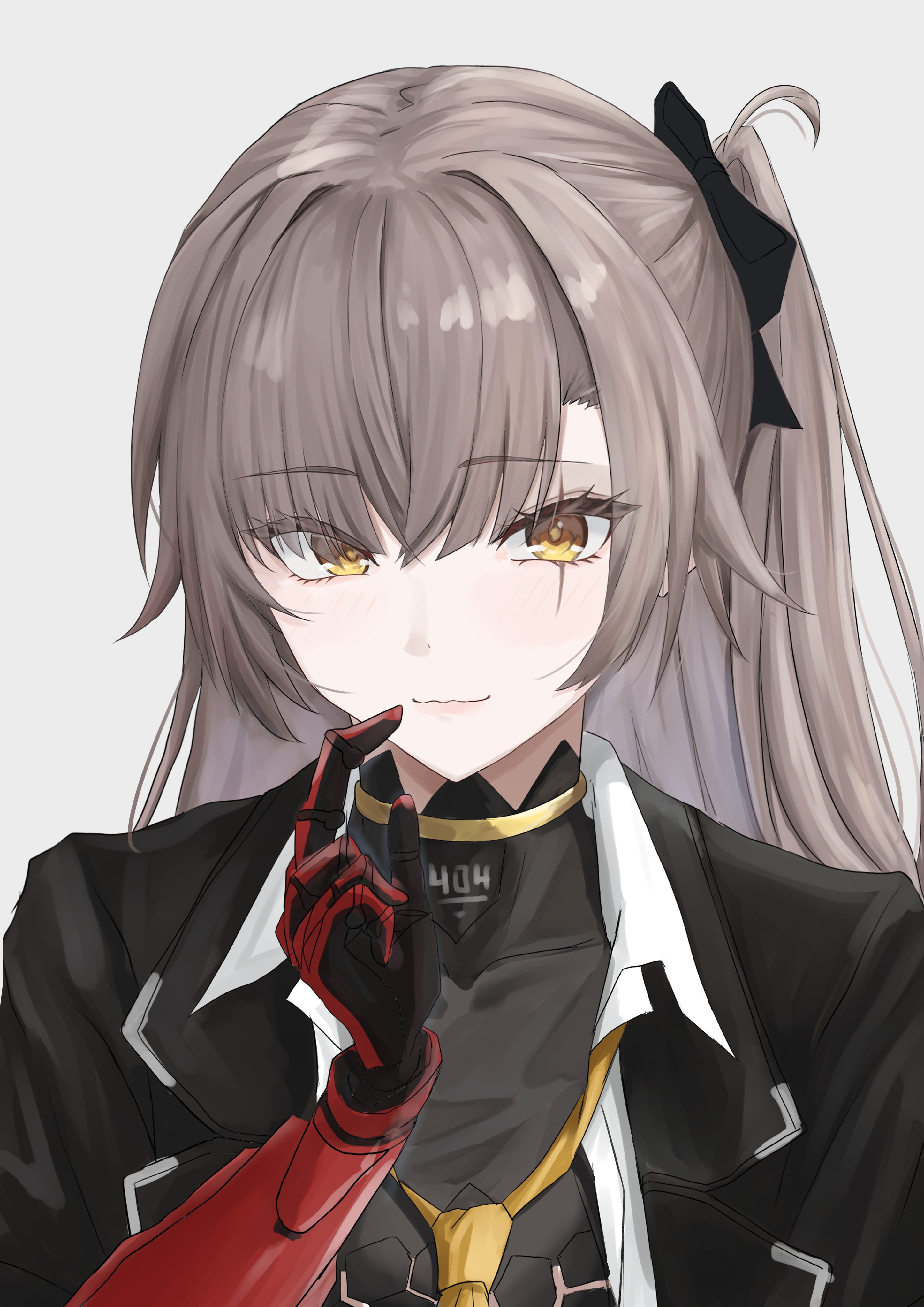 satsumaagee, leva (girls' frontline 2), ump45 (girls' frontline), girls' frontline, girls' frontline 2: exilium, absurdres, commentary request, highres, 1girl, :3, black jacket, brown hair, collared shirt, finger to mouth, jacket, long hair, looking at viewer, loose necktie, mechanical arms, necktie, one side up, open clothes, prosthesis, prosthetic arm, scar, scar across eye, scar on face, shirt, simple background, single mechanical arm, solo, white shirt, yellow eyes, yellow necktie