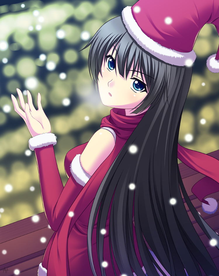 athrun1120, senjougahara hitagi, bakemonogatari, monogatari (series), bad id, bad pixiv id, 00s, 1girl, black hair, blue eyes, christmas, detached sleeves, female focus, hat, long hair, looking back, santa costume, santa hat, scarf, snow, solo