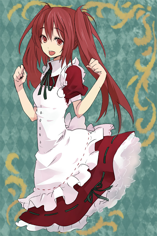 kintaro, original, no legs, 1girl, dress, female focus, long hair, maid, open mouth, red eyes, red hair, solo, twintails