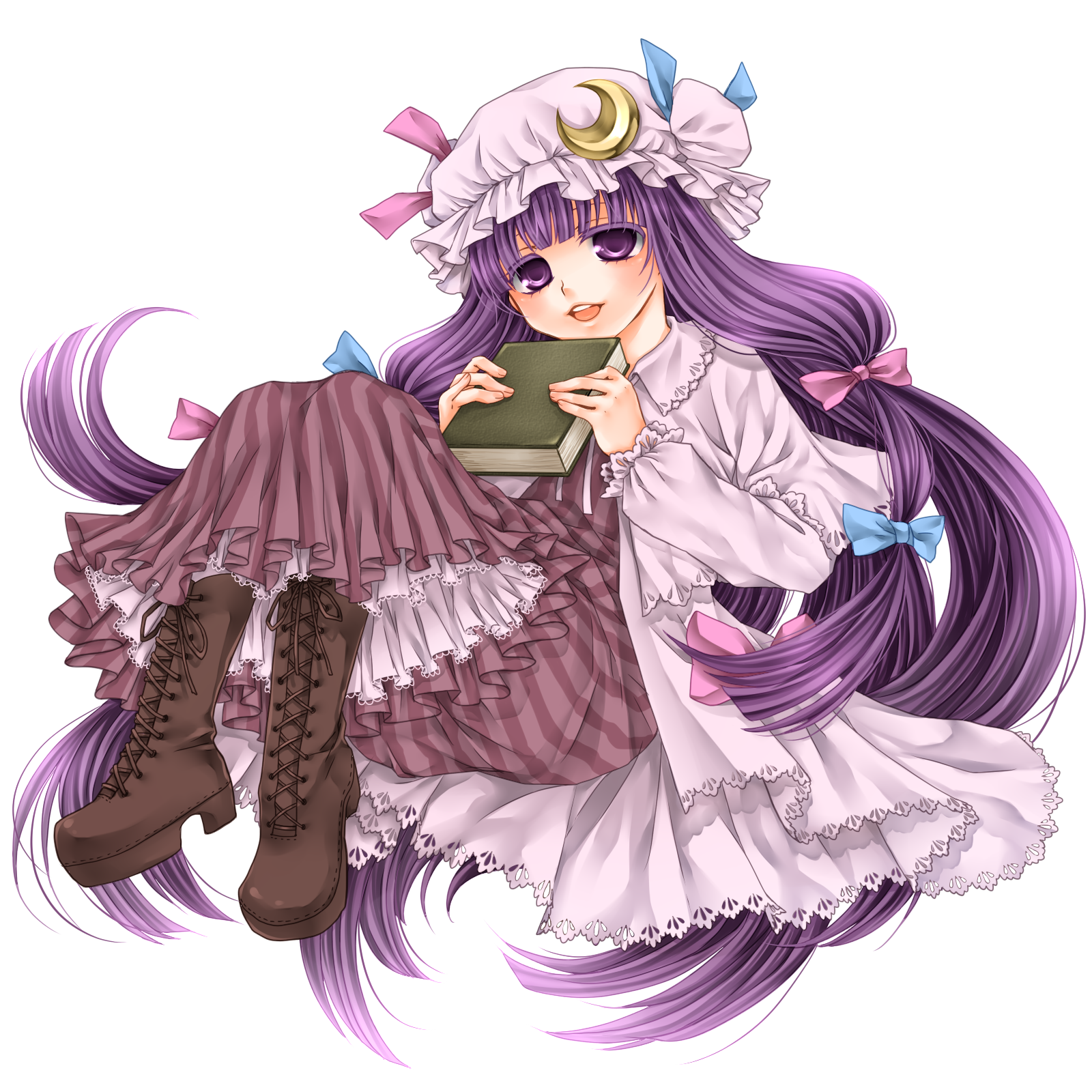 shiratama (mofutto), patchouli knowledge, touhou, highres, 1girl, book, boots, crescent, female focus, full body, hat, long hair, purple eyes, purple hair, solo, transparent background