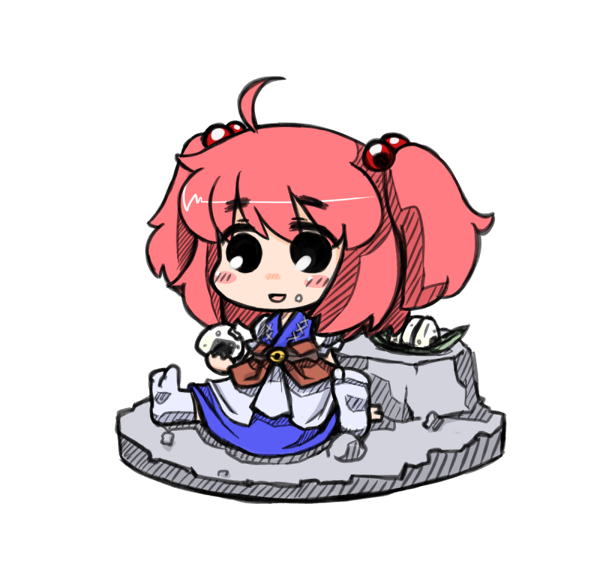 nekoyama, onozuka komachi, touhou, bad id, bad pixiv id, 1girl, ahoge, chibi, female focus, food, food on face, full body, hair bobbles, hair ornament, onigiri, red hair, sitting, solo, tabi, twintails, two side up, white background