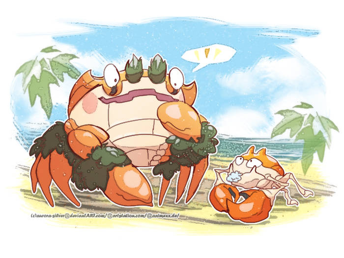 aurora-silver, klawf, krabby, nintendo, pokemon, commentary, english commentary, animal focus, beach, blue sky, closed mouth, cloud, crab, day, foaming at the mouth, full body, gen 1 pokemon, no humans, open mouth, outdoors, outline, pokemon (creature), pokemon focus, sky, speech bubble, water, white outline