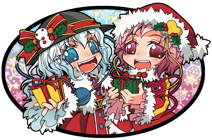 emu (toran), komeiji koishi, komeiji satori, touhou, 2girls, christmas, female focus, gift, hat, multiple girls, ribbon, santa costume, santa hat, siblings, sisters