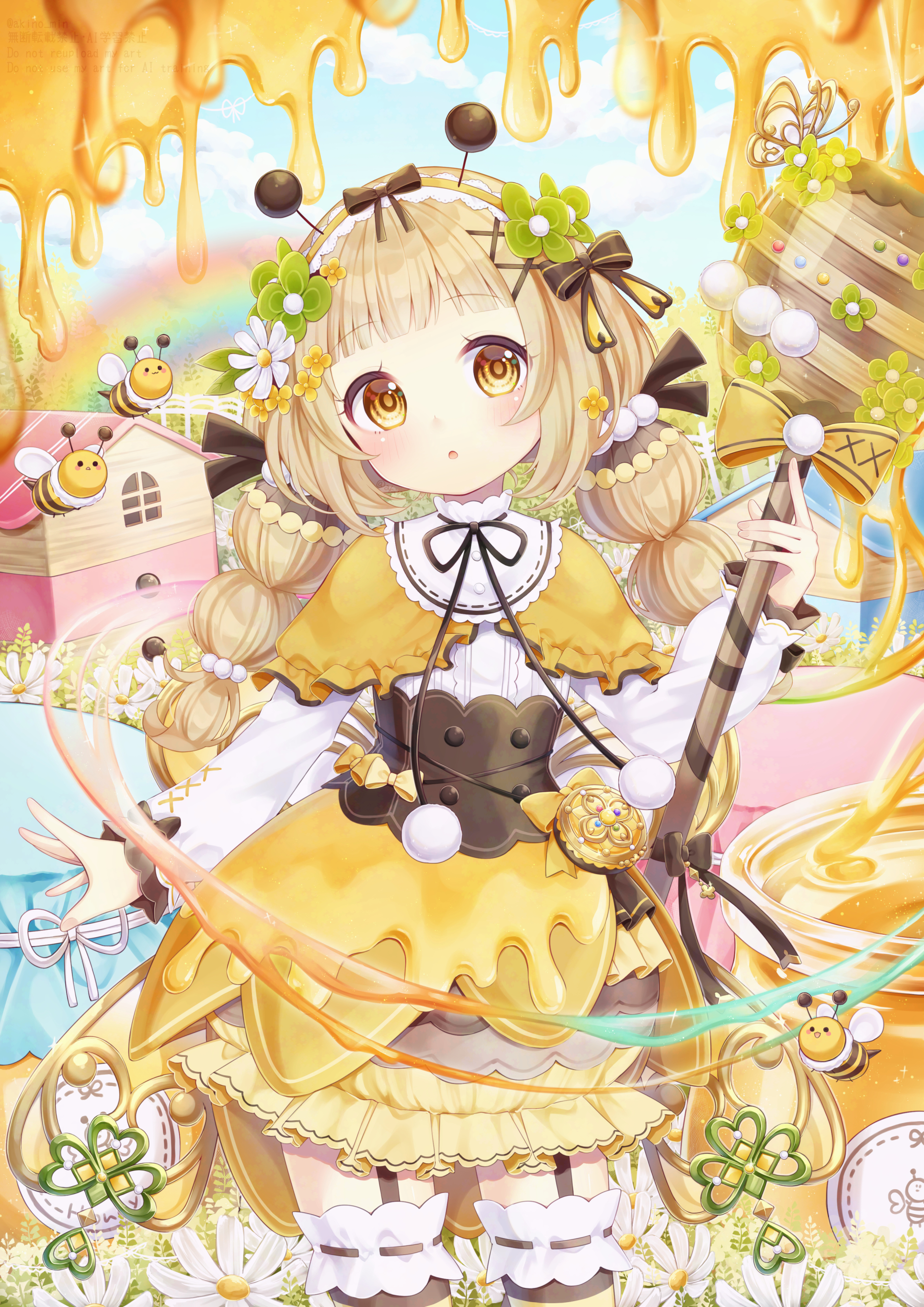 akino min, original, absurdres, commentary request, highres, 1girl, blonde hair, blunt bangs, blush, bow, bowtie, braid, capelet, flower, frilled thighhighs, frills, hair flower, hair ornament, hime cut, honey, magical girl, staff, thigh strap, thighhighs, twin braids, yellow eyes