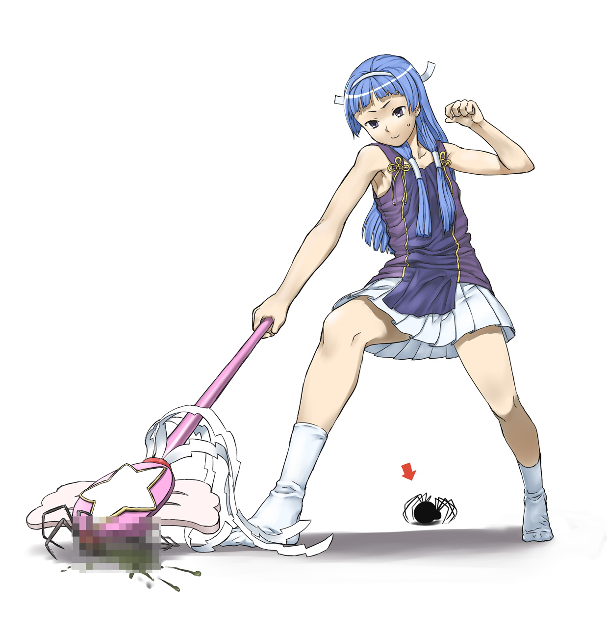 abua, nagi, kannagi, highres, 00s, 1girl, blue hair, blunt bangs, bug, censored, fake censor, female focus, long hair, pleated skirt, skirt, socks, solo, spider, wand, white skirt