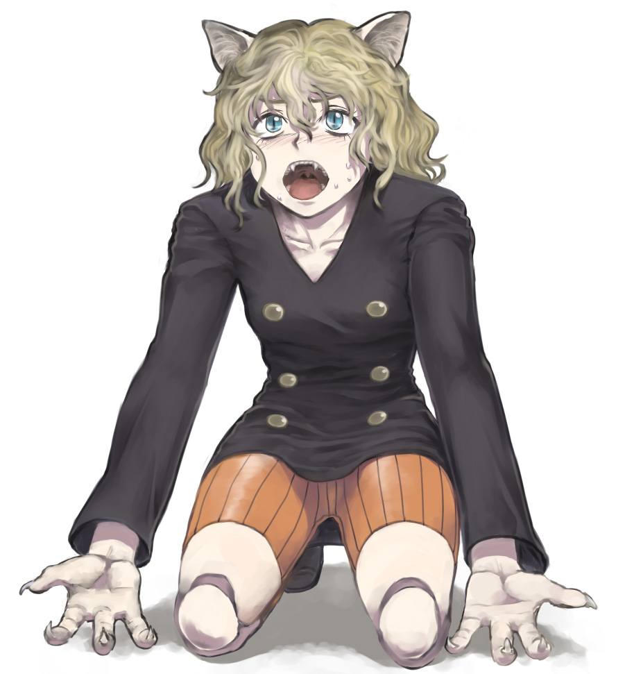 abua, neferpitou, hunter x hunter, 1boy, androgynous, animal ears, blonde hair, blue eyes, cat boy, cat ears, doll joints, fangs, joints, male focus, solo, trap