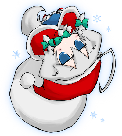 nejikirio, inu sakuya (nejikirio), izayoi sakuya, touhou, silver hair, lowres, 1girl, :<, ahoge, animal ears, braid, dog ears, dog tail, female focus, hat, santa costume, santa hat, short hair, solo, tail, twin braids