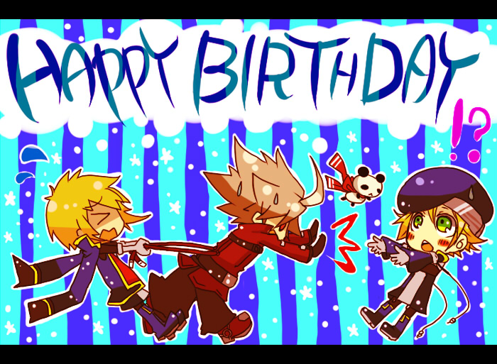 kuro yuzu, kisaragi jin, noel vermillion, ragna the bloodedge, arc system works, blazblue, blazblue: calamity trigger, silver hair, bad id, bad pixiv id, 1girl, 2boys, beret, birthday, blonde hair, green eyes, happy birthday, hat, letterboxed, multiple boys, panda, pulling