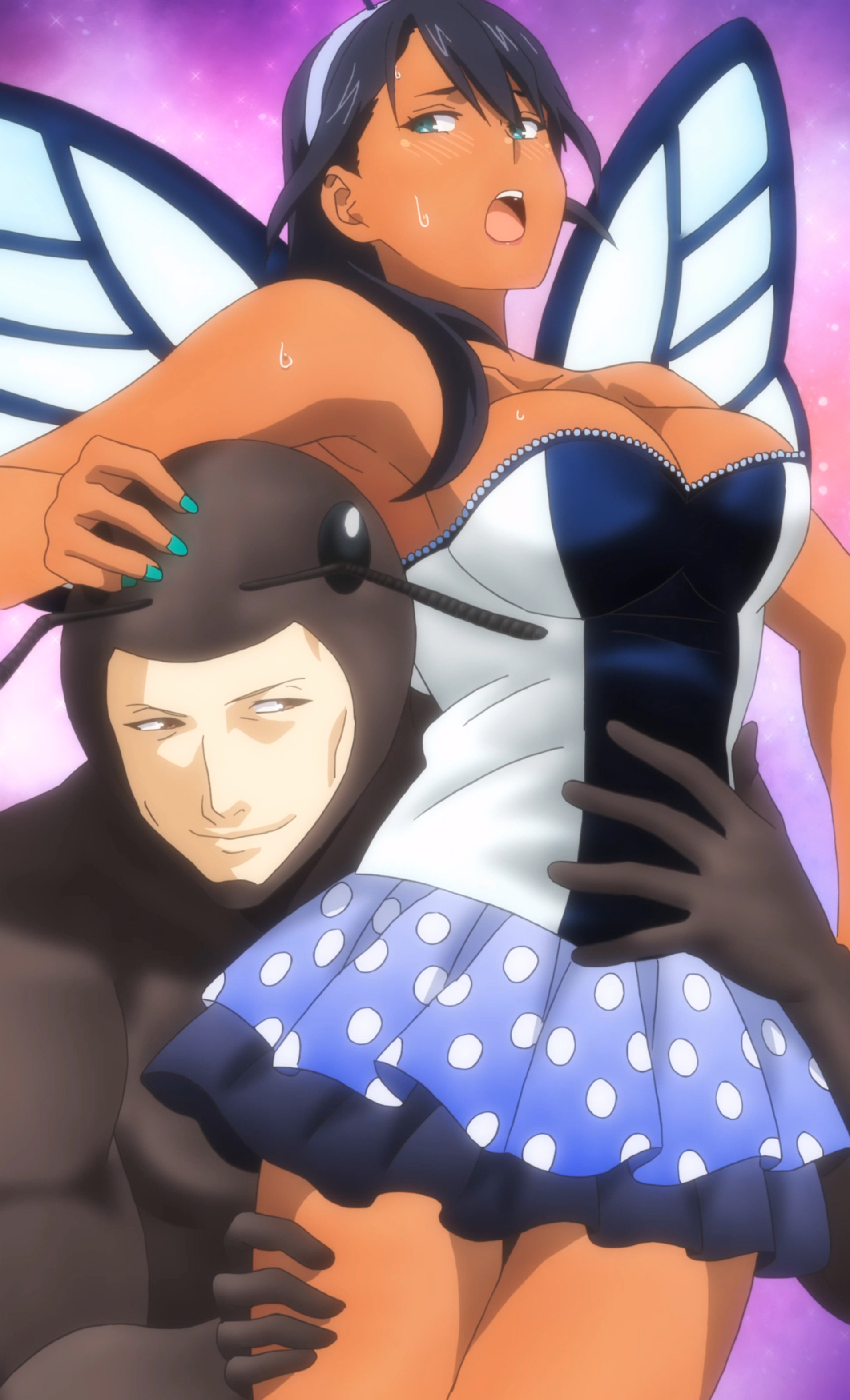 decora (shokugeki no souma), shokugeki no souma, absurdres, anime screenshot, highres, stitched, third-party edit, 1boy, 1girl, aqua nails, arthropod boy, black hair, breasts, butterfly wings, dark-skinned female, dark skin, dress, grabbing another's thigh, green eyes, hairband, held up, insect wings, large breasts, medium hair, nail polish, open mouth, sparkle background, strapless, strapless dress, sweat, teeth, thighs, upper teeth only, wings