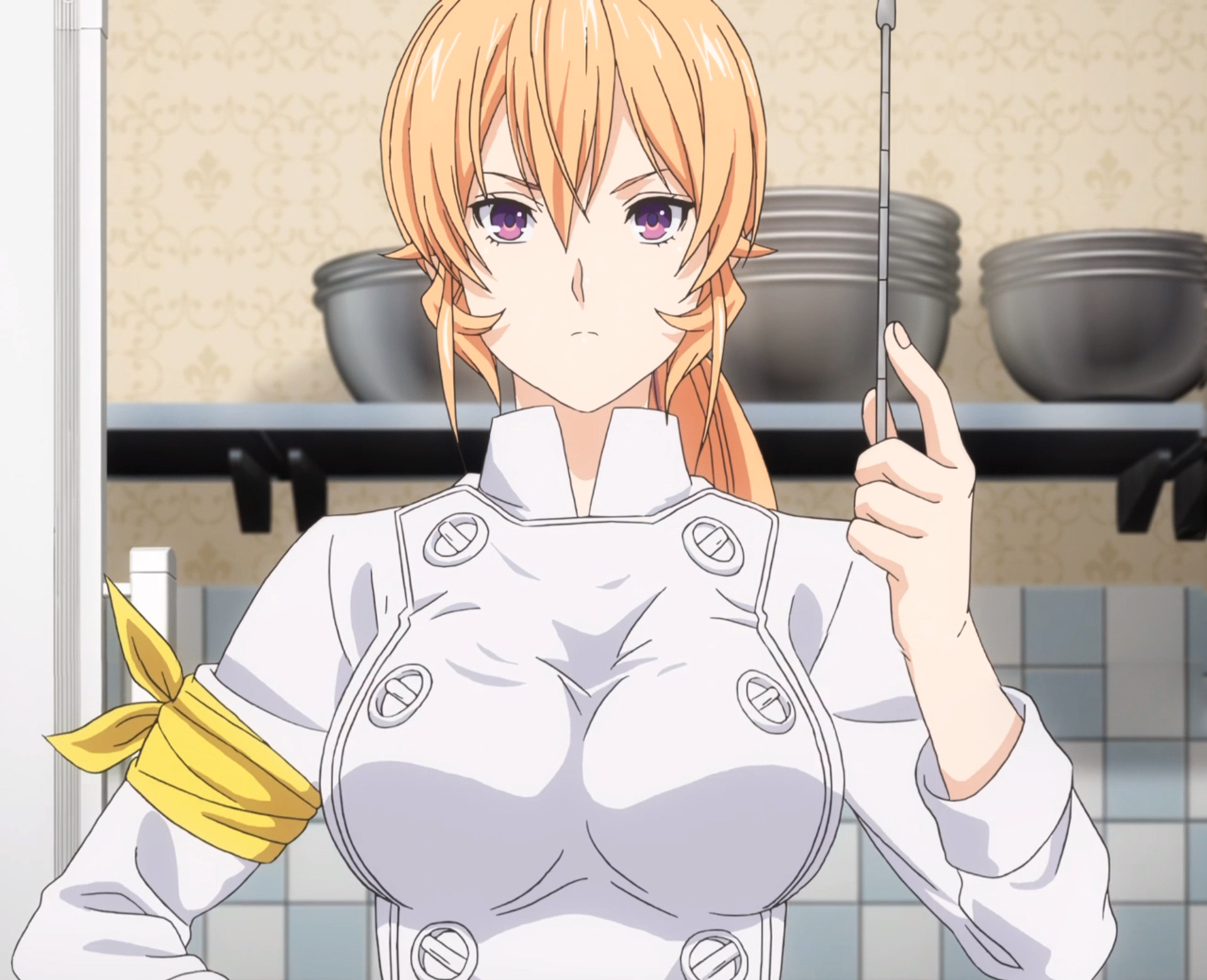 nakiri erina, shokugeki no souma, anime screenshot, highres, stitched, third-party edit, 1girl, armband, blonde hair, breasts, chef, closed mouth, female focus, holding, holding pointer, indoors, large breasts, long sleeves, looking at viewer, pointer, purple eyes, solo, upper body