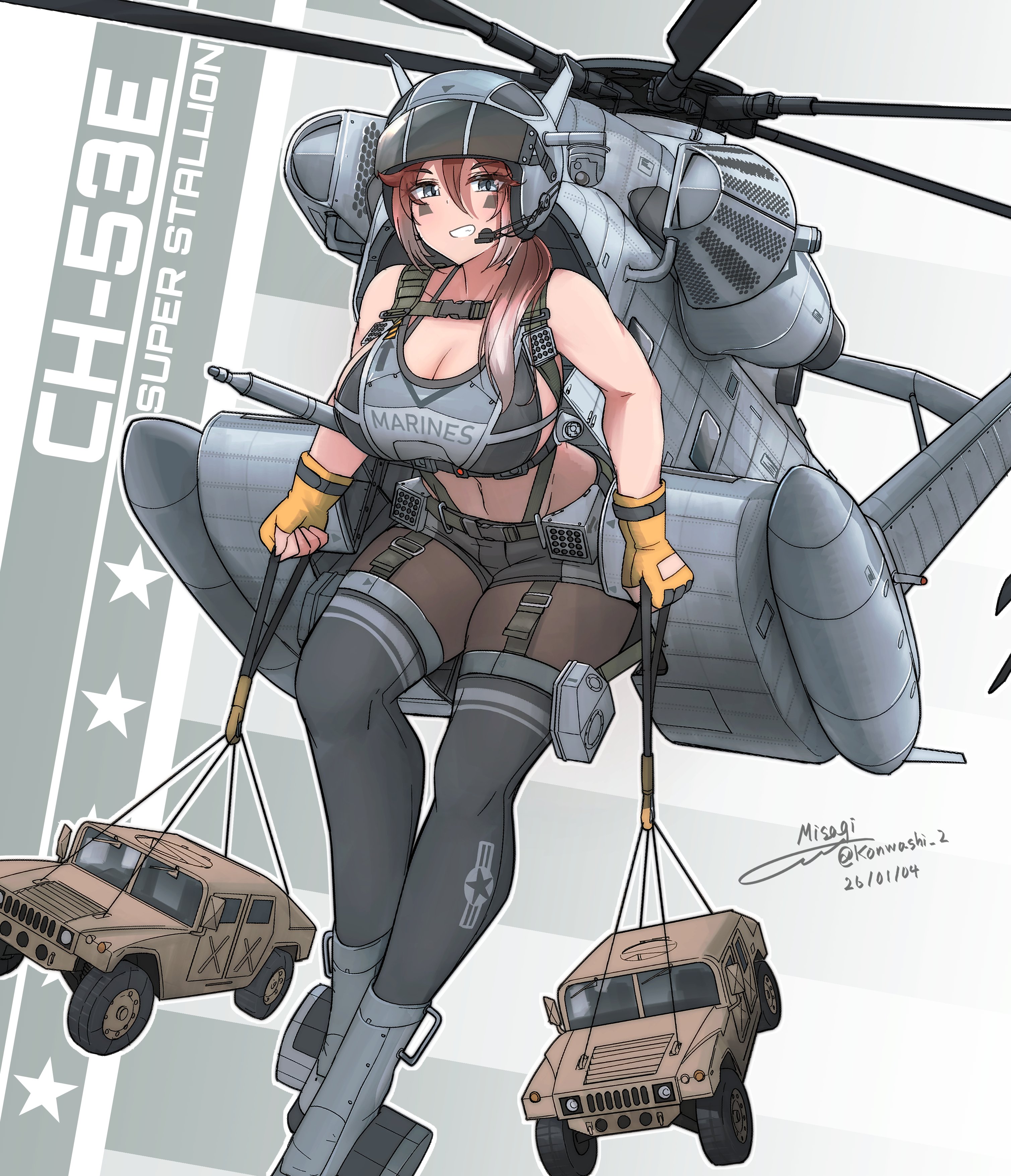 teisei misagi, hummer, original, absurdres, commentary request, highres, 1girl, aircraft, black thighhighs, blue eyes, breasts, brown hair, ch-53, dark-skinned female, dark skin, gloves, helicopter, helmet, holding, large breasts, long hair, long sleeves, low neckline, military vehicle, motor vehicle, open mouth, personification, solo, stomach, teeth, thighhighs, twitter username, white gloves