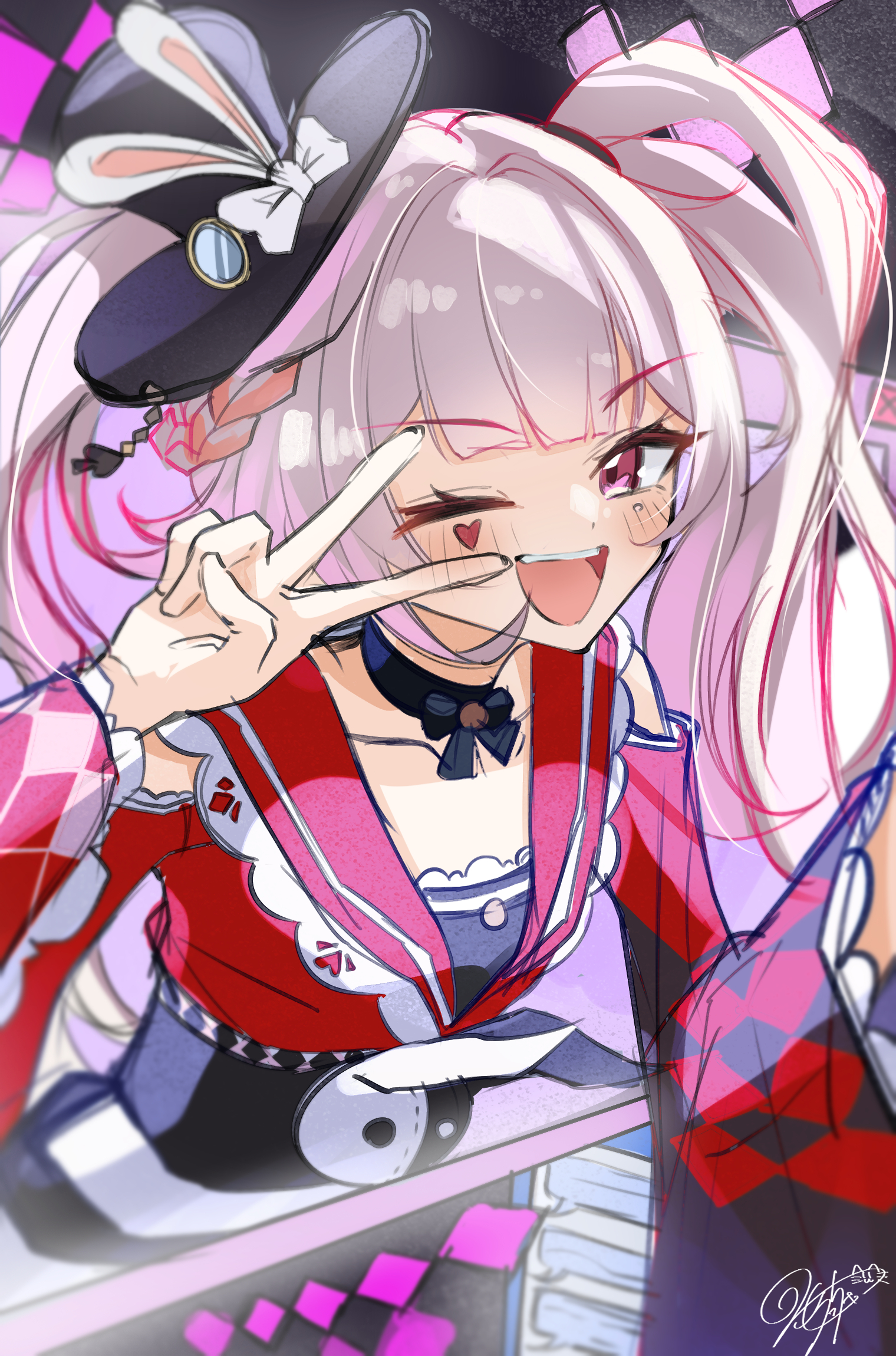 morocha1130, sparkle (honkai: star rail), sparxie (honkai: star rail), honkai: star rail, honkai (series), highres, 1girl, animal ears, artist name, bare shoulders, black bow, black bowtie, black hat, blush, bow, bowtie, colored eyebrows, hair between eyes, hand up, hat, heart, looking at viewer, one eye closed, open mouth, rabbit ears, red eyes, smile, teeth, top hat, twintails, v, white bow, white hair