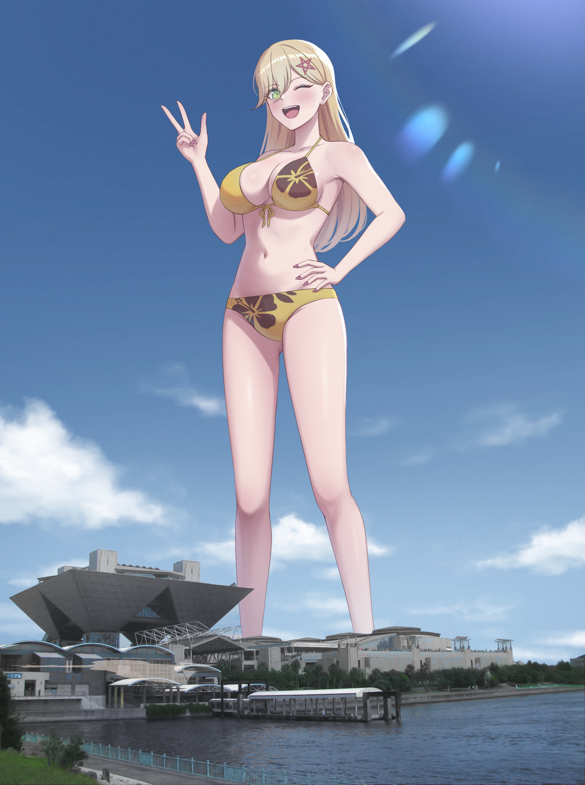 numaguro (tomokun0808), kisaki aria, 2.5 jigen no ririsa, tokyo big sight, absurdres, commission, highres, skeb commission, ;), bikini, blonde hair, flower print bikini, giant, giantess, green eyes, hair ornament, hairclip, hand on own hip, long hair, looking at viewer, midriff, navel, one eye closed, open mouth, photo background, pink nails, real world location, smile, star (symbol), star hair ornament, stomach, swimsuit, three-finger salute, wink, yellow bikini