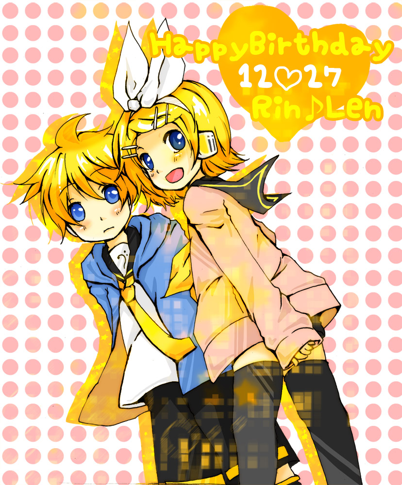 m eme, kagamine len, kagamine rin, vocaloid, bad id, bad pixiv id, 1boy, 1girl, birthday, blonde hair, blue eyes, brother and sister, hair ornament, hair ribbon, hairclip, headphones, necktie, open mouth, ribbon, short hair, shorts, siblings, smile, thighhighs, twins, yellow necktie