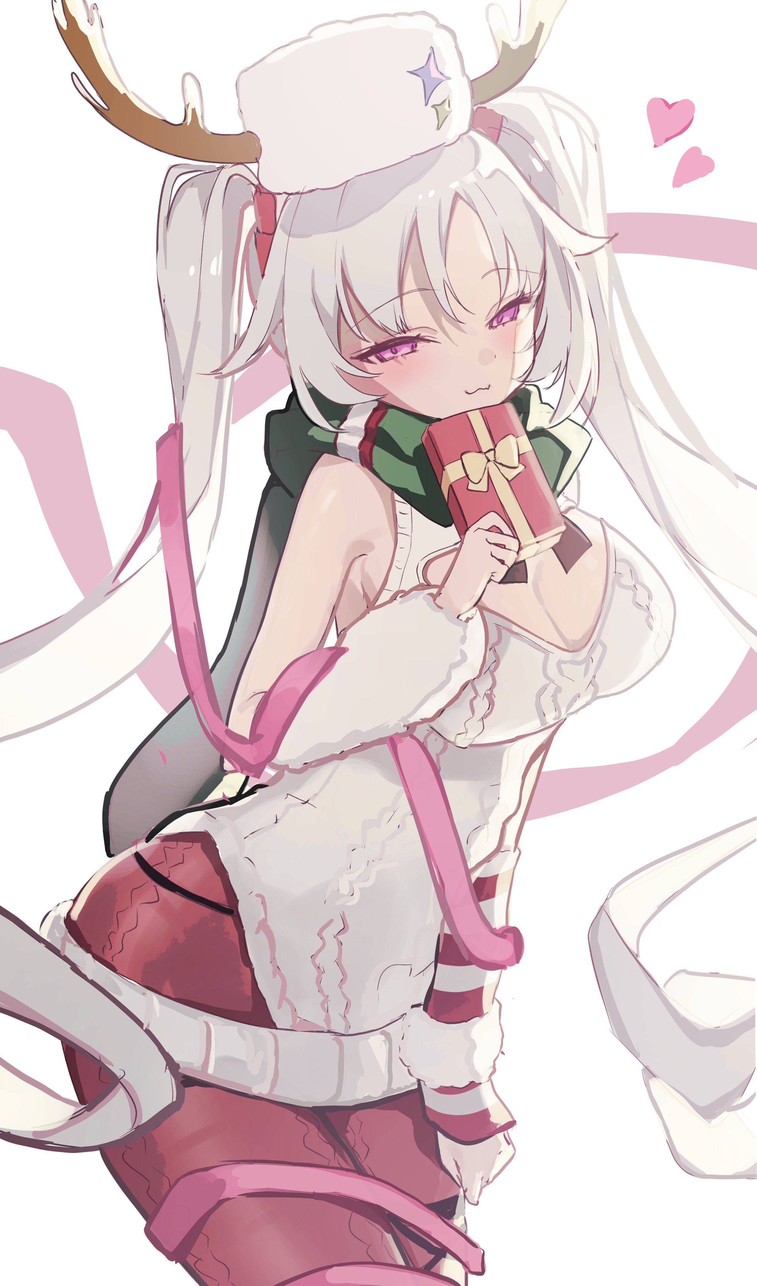 lion2610, laru (stella sora), stella sora, absurdres, commentary, highres, 1girl, :3, backless dress, backless outfit, backless sweater, bare shoulders, breasts, cleavage, cleavage cutout, closed mouth, clothing cutout, cowboy shot, dress, fake antlers, fur hat, gift, green scarf, grey hair, half-closed eyes, hat, heart, hip vent, holding, holding gift, horned hat, knit pantyhose, knit sweater, large breasts, laru (snowish) (stella sora), long hair, pantyhose, pink ribbon, purple eyes, red pantyhose, ribbon, scarf, smile, solo, sweater, sweater dress, twintails, very long hair, white dress, white hat, white sweater