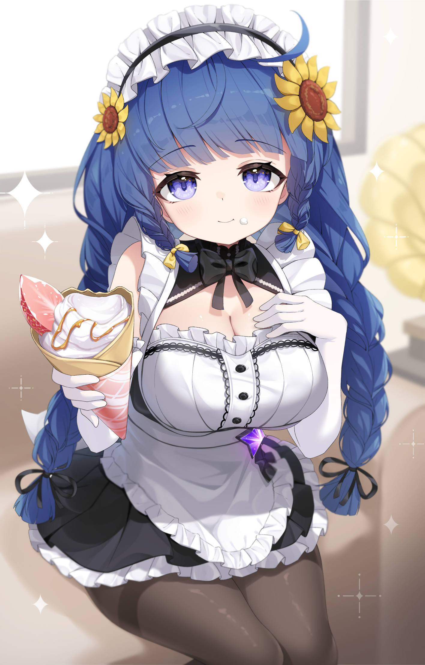 umou (may65879), nanoha (stella sora), nanoha (when distant winds rise) (stella sora), stella sora, commentary, highres, 1girl, apron, black bow, black bowtie, black dress, black ribbon, blue hair, blunt bangs, bow, bowtie, braid, braided sidelocks, breasts, cleavage, cleavage cutout, clothing cutout, crepe, dress, eating, elbow gloves, flower, food, food bite, food on face, frilled apron, frills, fruit, gloves, hair flower, hair ornament, hair ribbon, holding, holding crepe, holding food, incoming food, long hair, looking at viewer, low twin braids, maid, maid headdress, purple eyes, ribbon, short dress, sleeveless, sleeveless dress, solo, strawberry, strawberry slice, sunflower, sunflower hair ornament, twin braids, very long hair, waist apron, whipped cream, white apron, white gloves