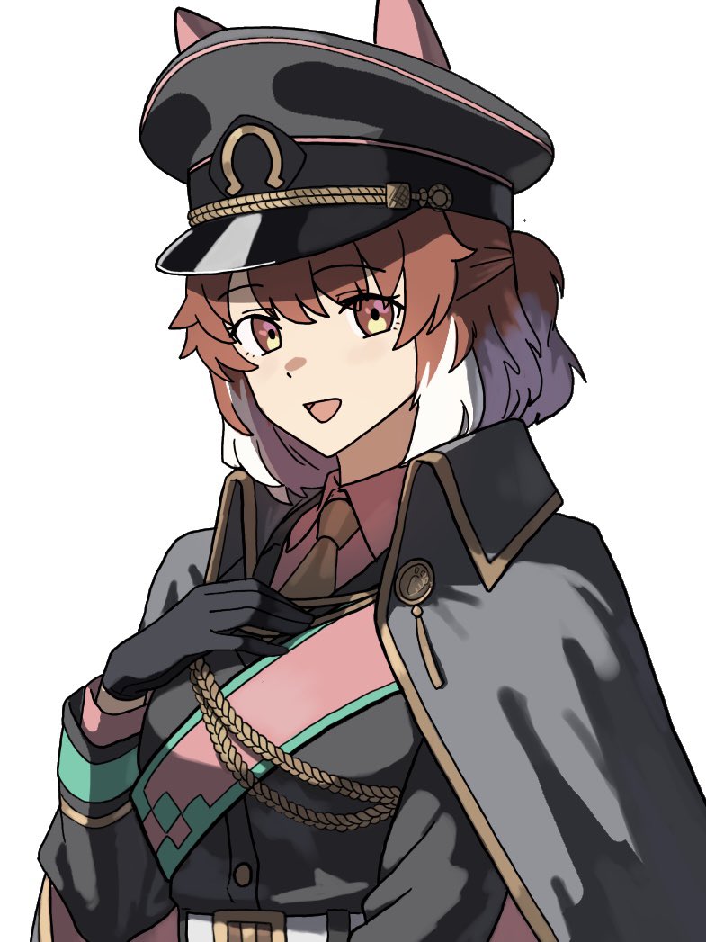 okimoto, dantsu flame (umamusume), umamusume, commentary request, 1girl, aiguillette, animal ears, black cape, black gloves, black jacket, breasts, brown eyes, brown hair, cape, ear covers, ears through headwear, gloves, hat, horse ears, horse girl, jacket, looking at viewer, military uniform, multicolored hair, open mouth, peaked cap, pink sash, sash, simple background, smile, solo, upper body, white background, white hair