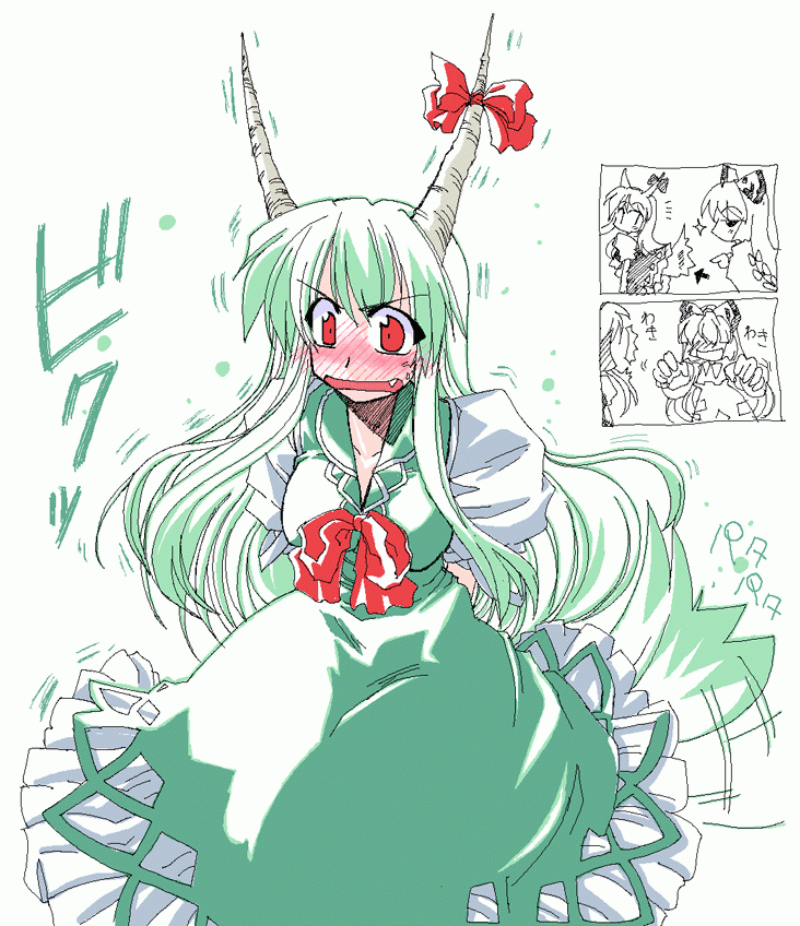 takana shinno, ex-keine, fujiwara no mokou, kamishirasawa keine, touhou, 2girls, blush, breasts, dress, female focus, horns, multiple girls, partially colored, ribbon, role reversal, tail, white background, yuri
