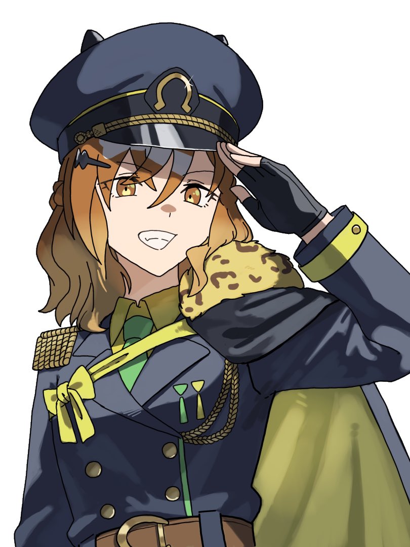 okimoto, jungle pocket (umamusume), umamusume, commentary request, animal ears, belt, black gloves, black jacket, brown belt, brown hair, buttons, cape, collared shirt, double-breasted, ear covers, ears through headwear, epaulettes, fingerless gloves, gloves, green necktie, grin, hair between eyes, hair ornament, hairclip, hat, horse ears, horse girl, jacket, long sleeves, looking at viewer, medium hair, military uniform, necktie, open mouth, peaked cap, shirt, single epaulette, smile, teeth, upper body, yellow cape, yellow eyes, yellow shirt