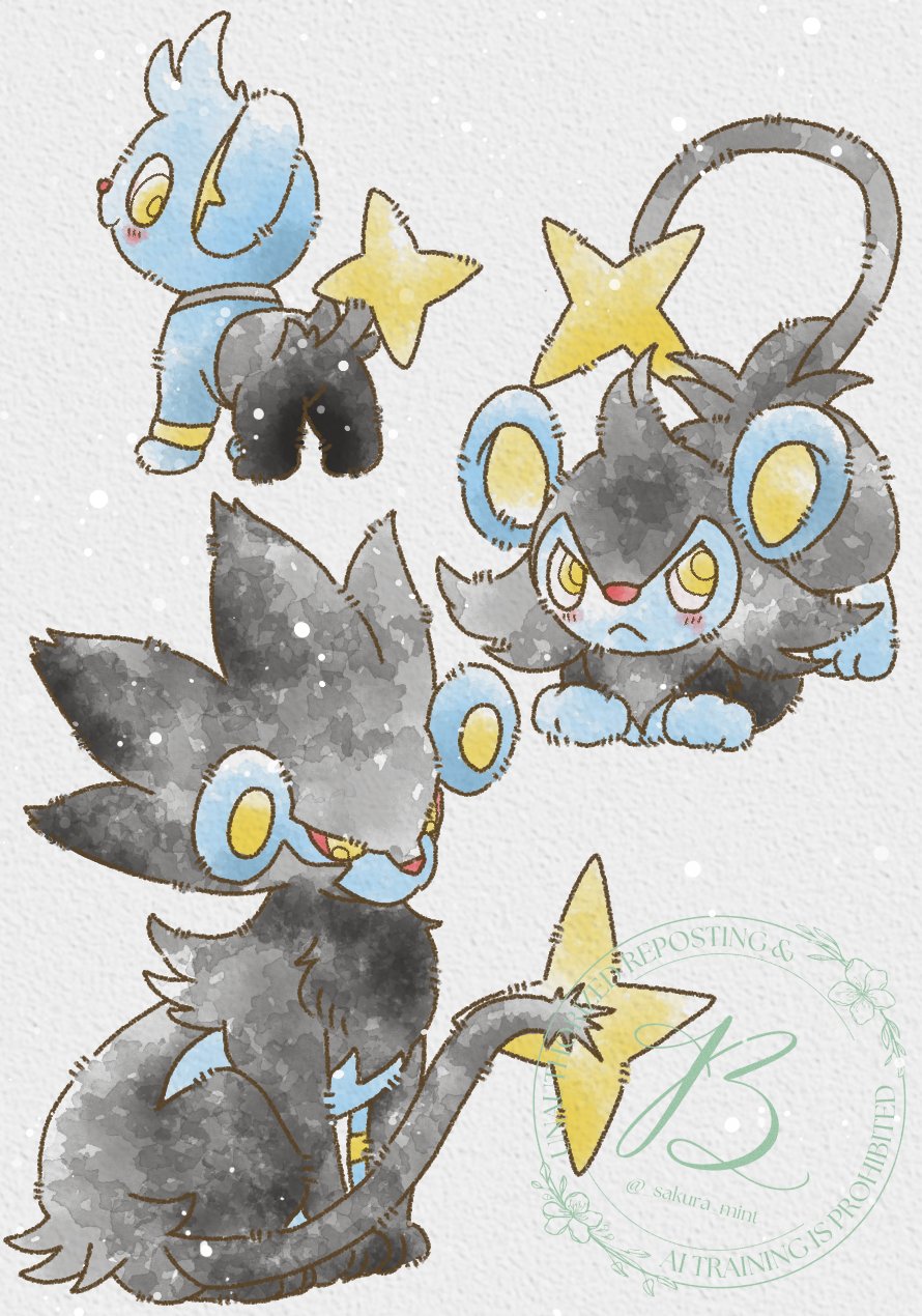 baya (sakura mint), luxio, luxray, shinx, nintendo, pokemon, commentary request, highres, animal focus, black fur, blue fur, blush, closed eyes, closed mouth, colored sclera, evolutionary line, frown, gen 4 pokemon, no humans, pokemon (creature), pokemon focus, red sclera, simple background, tail, two-tone fur, yellow eyes