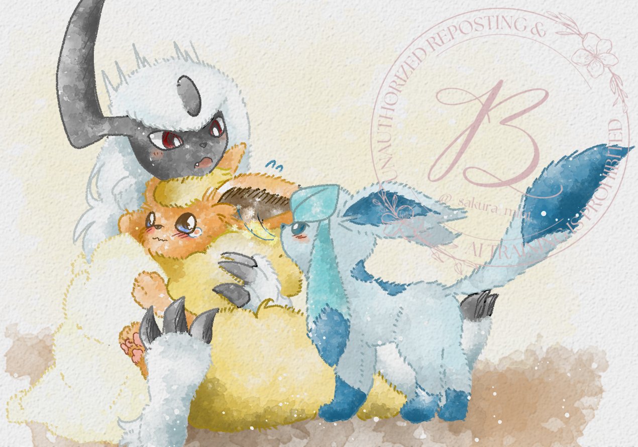 baya (sakura mint), absol, flareon, glaceon, nintendo, pokemon, commentary request, animal focus, blue eyes, blue fur, blush, body fur, claws, closed mouth, gen 1 pokemon, gen 3 pokemon, gen 4 pokemon, horns, neck fur, no humans, open mouth, orange fur, pokemon (creature), pokemon focus, single horn, smile, tail, white fur, yellow fur