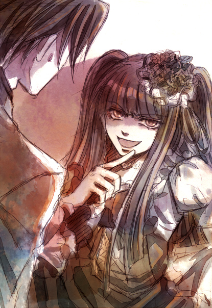 kaoru, furudo erika, ushiromiya battler, umineko no naku koro ni, bad id, bad pixiv id, 00s, 1boy, 1girl, black hair, dress, frills, hair ornament, monochrome, sepia, smirk, twintails