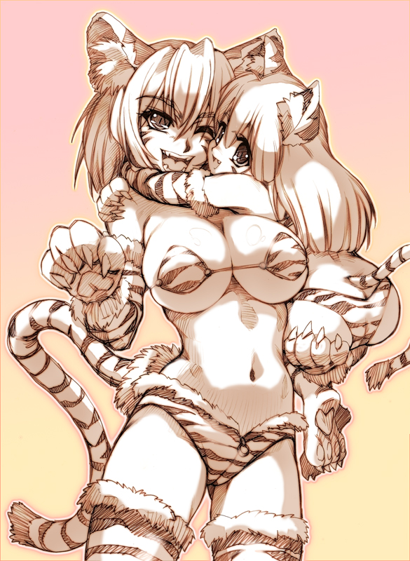 hisahiko, fur, 2girls, animal ears, animal hands, bikini, bikini top only, breasts, cameltoe, cat ears, cat tail, cleavage, elbow gloves, fang, gloves, hug, large breasts, micro bikini, monochrome, multiple girls, one eye closed, paw shoes, swimsuit, tail, thighhighs, wink