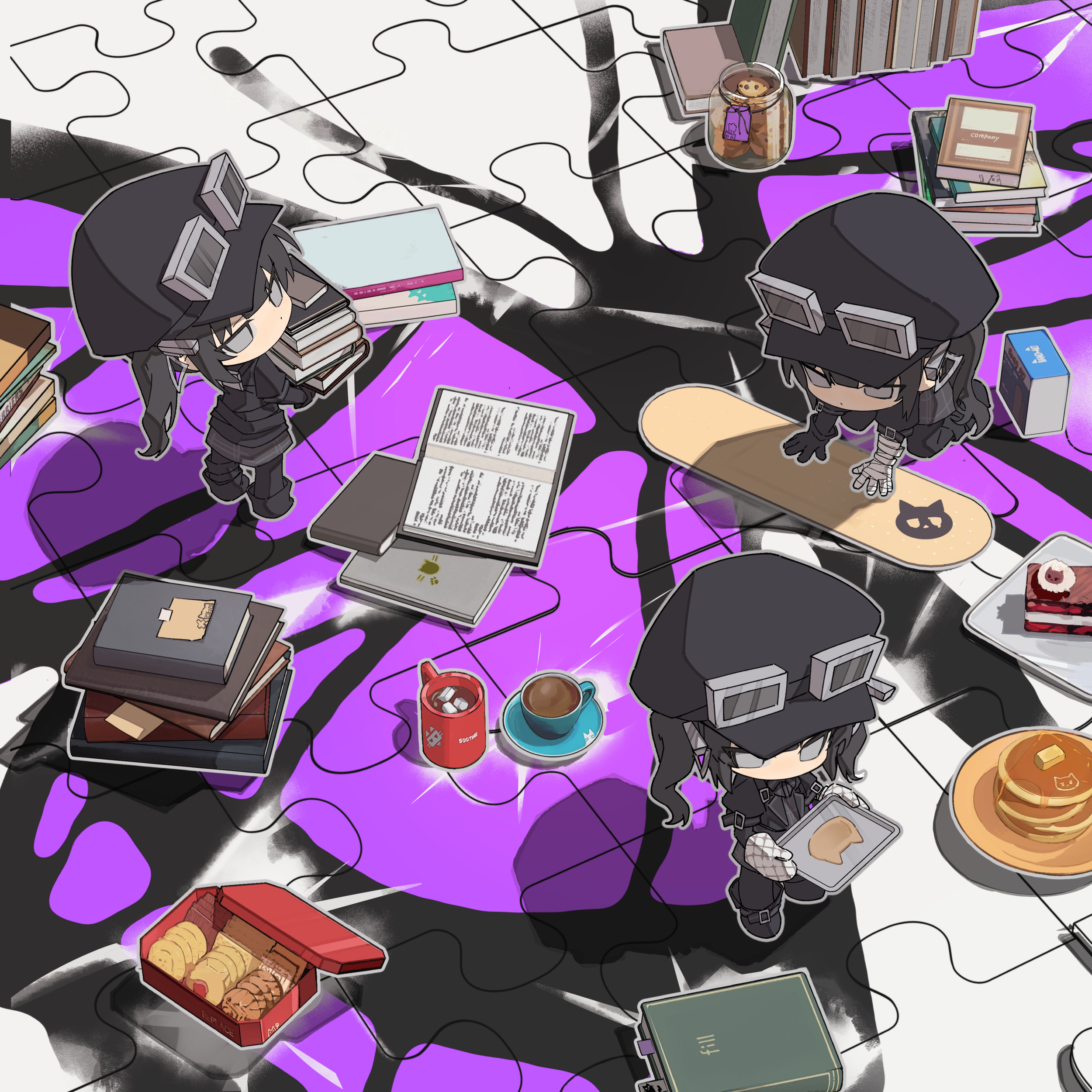 wuubaiwan, kurobe nanoka, mahou shoujo no majo saiban, absurdres, highres, 3girls, all fours, black hair, black hat, book, book stack, bug, butterfly, chibi, chibi only, clone, closed mouth, cookie, cup, food, from above, full body, grey eyes, hat, holding, holding book, holding tray, insect, jar, long hair, mini person, minigirl, mug, multiple girls, open book, pancake, pancake stack, plate, purple butterfly, puzzle, puzzle piece, standing, tray, twintails