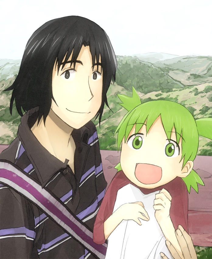 110 gou, koiwai yotsuba, mr. koiwai, yotsubato!, bad id, bad pixiv id, black eyes, black hair, black shirt, blouse, child, collared shirt, father and daughter, green eyes, green hair, quad tails, raglan sleeves, shirt, smile, striped clothes, striped shirt
