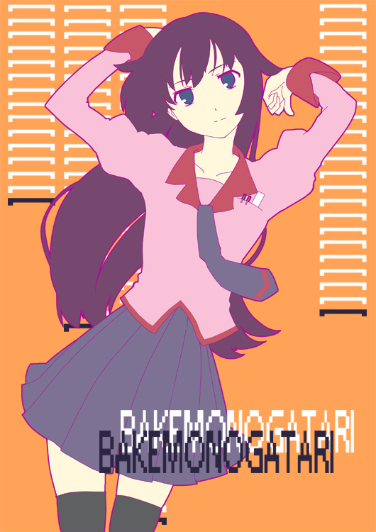 uro (urotanc), senjougahara hitagi, bakemonogatari, monogatari (series), 00s, 1girl, blue eyes, female focus, flat color, long hair, necktie, pen, purple hair, ruler, school uniform, skirt, solo, staple, thighhighs, zettai ryouiki
