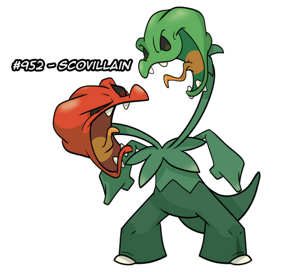 scovillain, nintendo, pokemon, bad source, commentary, angry, character name, full body, multiple heads, open mouth, pokedex number, pokemon (creature), pokemon focus, smile, solo, standing, teeth, tongue, toon (style), transparent background, winter-freak