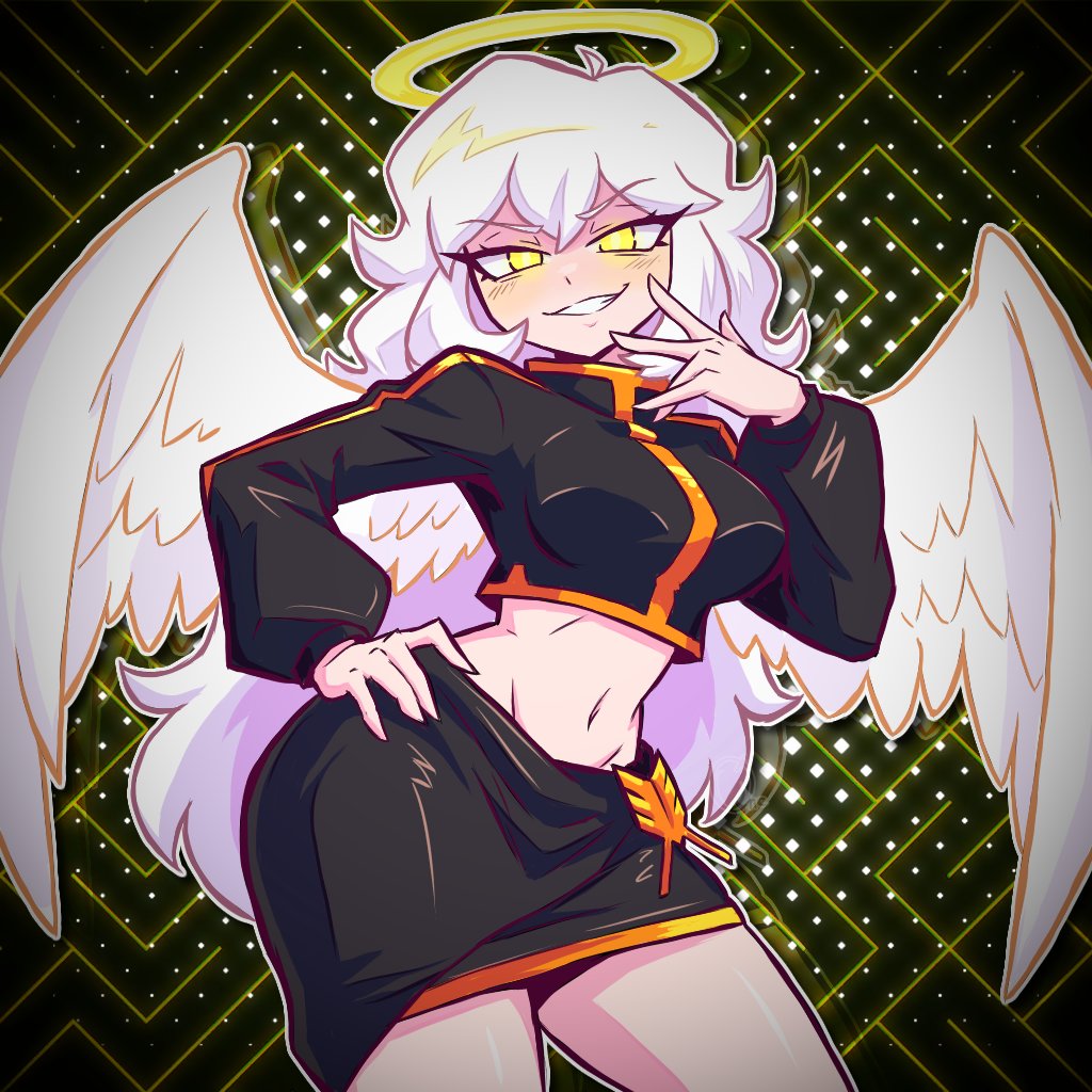 onequart, original, commentary, english commentary, 1girl, angel wings, black jacket, blush stickers, breasts, clenched teeth, cowboy shot, cropped jacket, evil eyes, evil grin, evil smile, feathered wings, glowing, glowing eyes, green background, grin, hair between eyes, halo, hand on own hip, hand up, jacket, long hair, long sleeves, looking at viewer, medium breasts, mesugaki pose, miniskirt, navel, pencil skirt, polka dot, polka dot background, skirt, smile, solo, standing, teeth, white hair, wings, yellow eyes, yellow halo