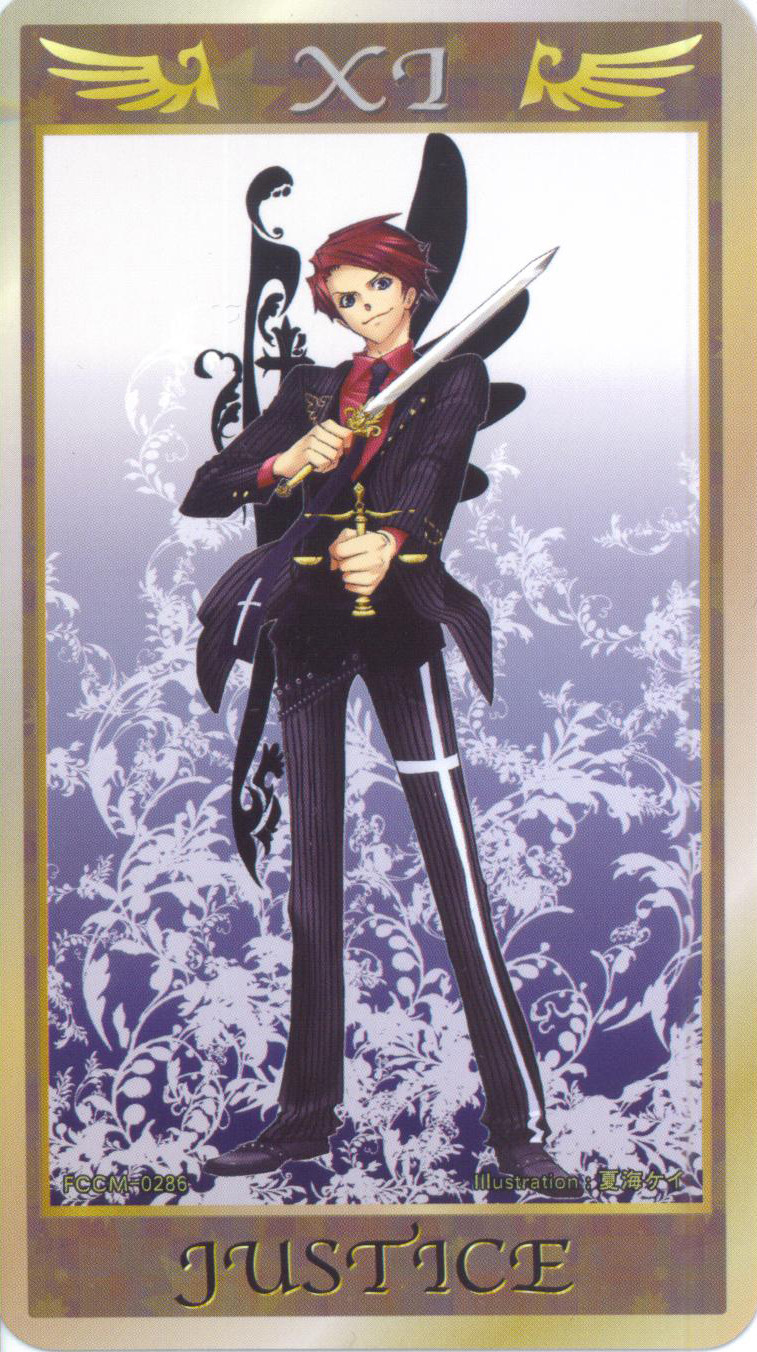 natsumi kei, ushiromiya battler, umineko no naku koro ni, highres, 00s, blue eyes, formal clothes, necktie, red hair, suit, sword, tarot, weapon