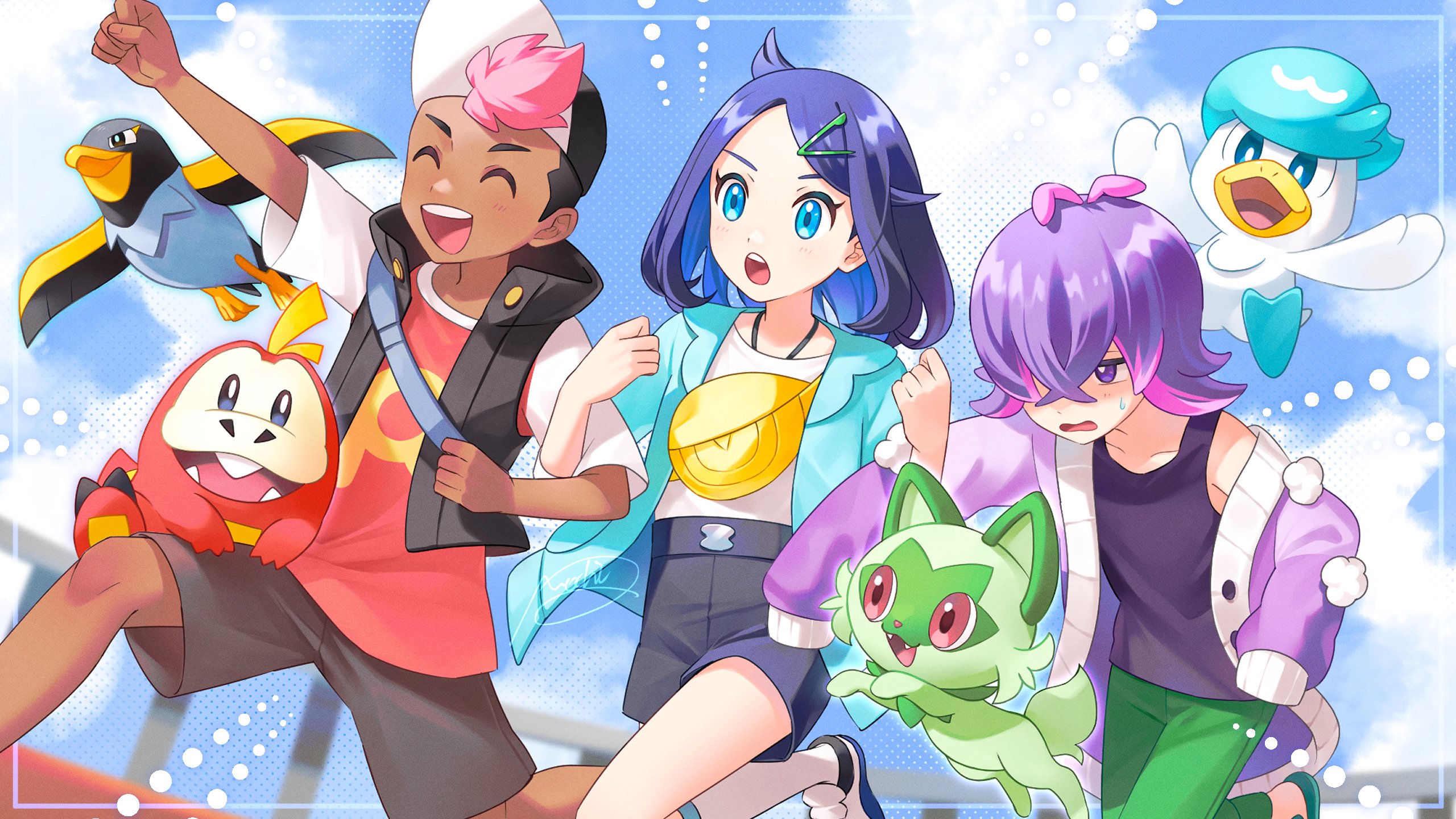 mobbbt, dot (pokemon), fuecoco, liko (pokemon), quaxly, roy (pokemon), sprigatito, wattrel, nintendo, pokemon, pokemon (anime), pokemon horizons, commentary request, highres, 1boy, 2girls, :o, black hair, black shorts, blue eyes, blue hair, blue jacket, closed eyes, colored inner hair, dark-skinned male, dark skin, green pants, hair ornament, hair over one eye, hairclip, hat, jacket, locked arms, long sleeves, multicolored hair, multiple girls, open clothes, open jacket, open mouth, pants, pink hair, pokemon (creature), purple eyes, purple hair, purple jacket, purple shirt, red shirt, shirt, short hair, short sleeves, shorts, single off shoulder, sleeveless, sleeveless shirt, sweatdrop, teeth, two-tone hair, upper teeth only, white shirt