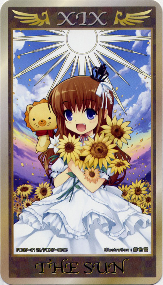 ushiromiya maria, umineko no naku koro ni, 00s, blue eyes, brown hair, crown, dress, fang, flower, happy, smile, tarot