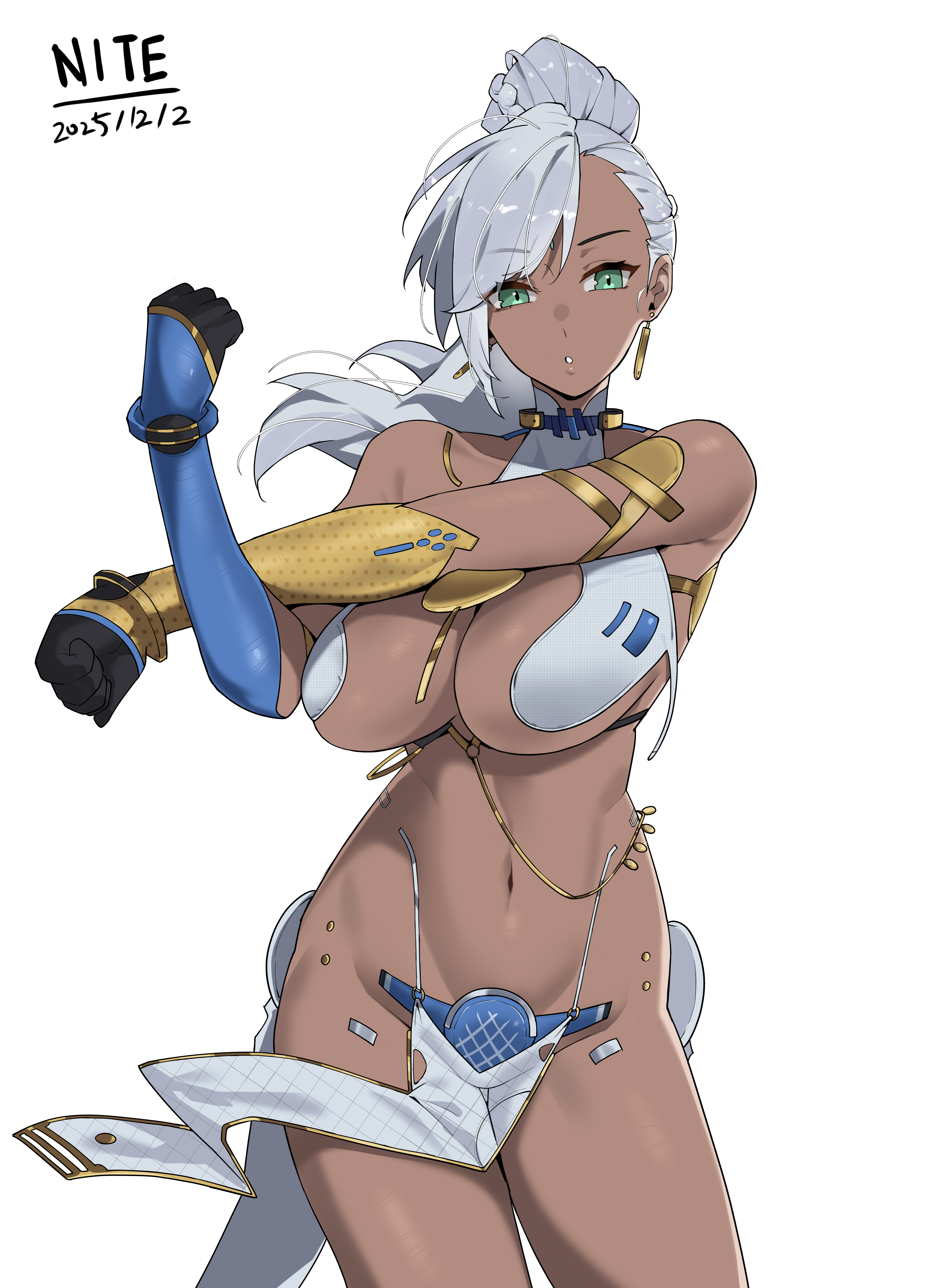 mu laoyang, nita (snowbreak), snowbreak: containment zone, absurdres, chinese commentary, commentary request, highres, 1girl, armlet, asymmetrical sleeves, bandeau, bare shoulders, belly chain, black gloves, blue sleeves, braid, breasts, cleavage, collarbone, cowboy shot, dark skin, dated, detached sleeves, earrings, facial mark, forehead mark, gloves, green eyes, hair between eyes, high ponytail, jewelry, large breasts, long hair, looking at viewer, mismatched sleeves, navel, parted lips, pelvic curtain, ponytail, revealing clothes, simple background, single sidelock, solo, standing, stomach, stretching, typo, white background, white bandeau, white hair, yellow sleeves