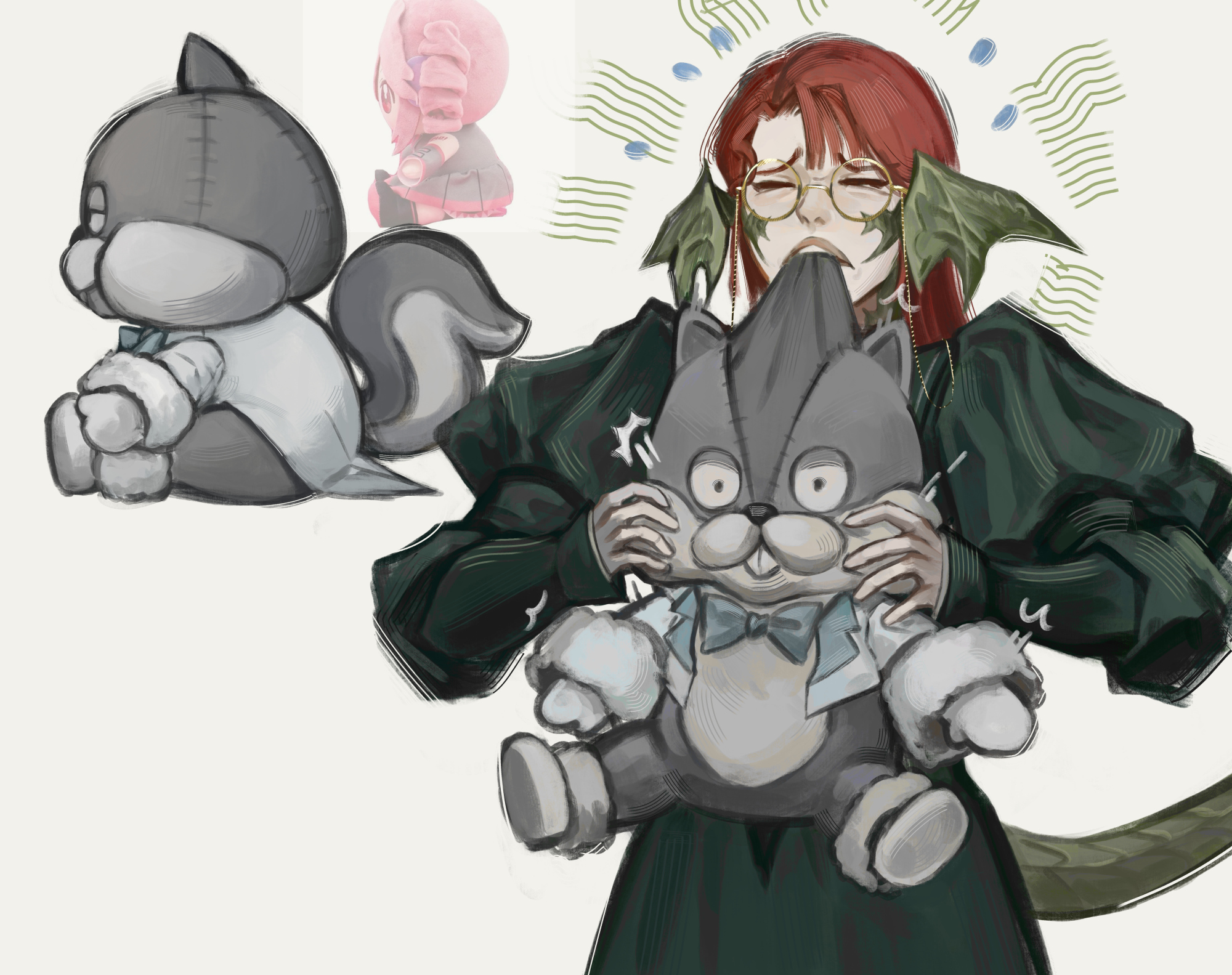 egguv, kasane teto, final fantasy, final fantasy xiv, utau, commentary, english commentary, highres, photo-referenced, 1girl, au ra, biting, biting stuffed toy, calyx (ff14), closed eyes, dragon horns, dragon tail, dress, green dress, halmarut (ff14), holding, holding stuffed toy, horns, juliet sleeves, long sleeves, medium hair, multiple views, open mouth, orange hair, puffy sleeves, scales, simple background, stuffed animal, stuffed squirrel, stuffed toy, surprised, tail, white background