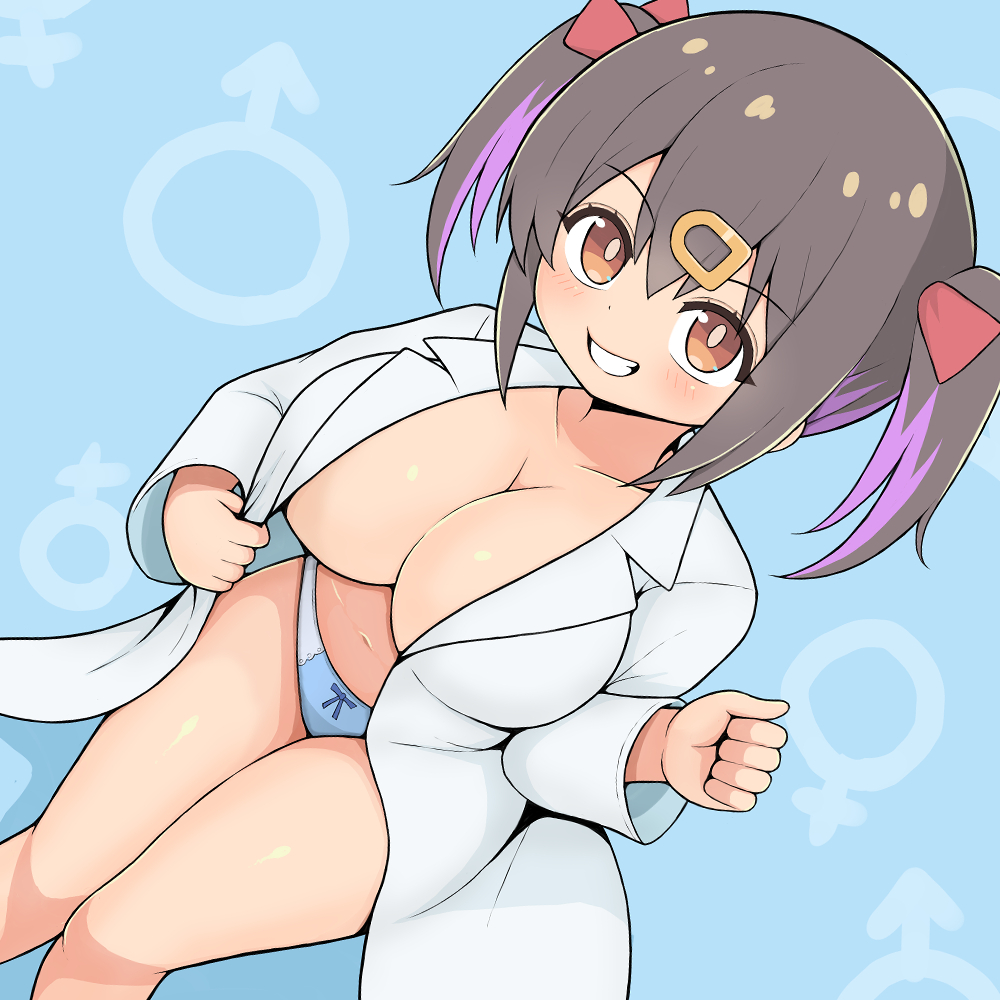 user kruv4844, oyama mihari, onii-chan wa oshimai!, commentary request, 1girl, blue background, blue panties, blush, breasts, brown hair, cleavage, from above, hair between eyes, hair ornament, hair ribbon, hairclip, lab coat, large breasts, looking at viewer, looking up, mars symbol, medium hair, multicolored hair, navel, no bra, open mouth, panties, ribbon, short twintails, sitting, smile, solo, stomach, streaked hair, teeth, twintails, underwear, venus symbol
