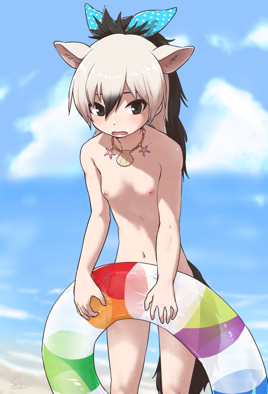 gray gray, aardwolf (kemono friends), kemono friends, commentary request, highres, variant set, 1girl, animal ears, beach, black eyes, black hair, blue sky, breasts, day, extra ears, grey hair, groin, hair between eyes, holding, holding swim ring, hyena ears, hyena girl, hyena tail, innertube, jewelry, leaning forward, legs apart, light blush, long hair, looking at viewer, multicolored hair, navel, necklace, nipples, nude, ocean, open mouth, outdoors, petite, ponytail, sand, shell, shell necklace, sky, small breasts, solo, standing, stomach, swim ring, tail, two-tone hair, water, wet, wet face, wet hair