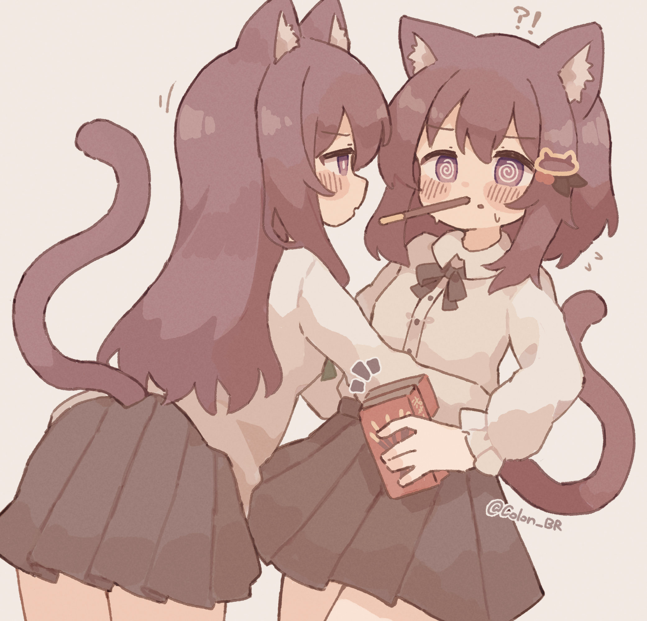 colon br, original, commentary request, highres, !?, 2girls, @ @, animal ear fluff, animal ears, black ribbon, black skirt, blush stickers, brown hair, cat ears, cat girl, cat hair ornament, cat tail, collared shirt, cowboy shot, flying sweatdrops, food, food in mouth, hair ornament, holding, holding food, long hair, long sleeves, looking at another, multiple girls, neck ribbon, pleated skirt, pocky, pocky day, purple eyes, ribbon, shirt, simple background, skirt, tail, twitter username, white background, white shirt, yuri