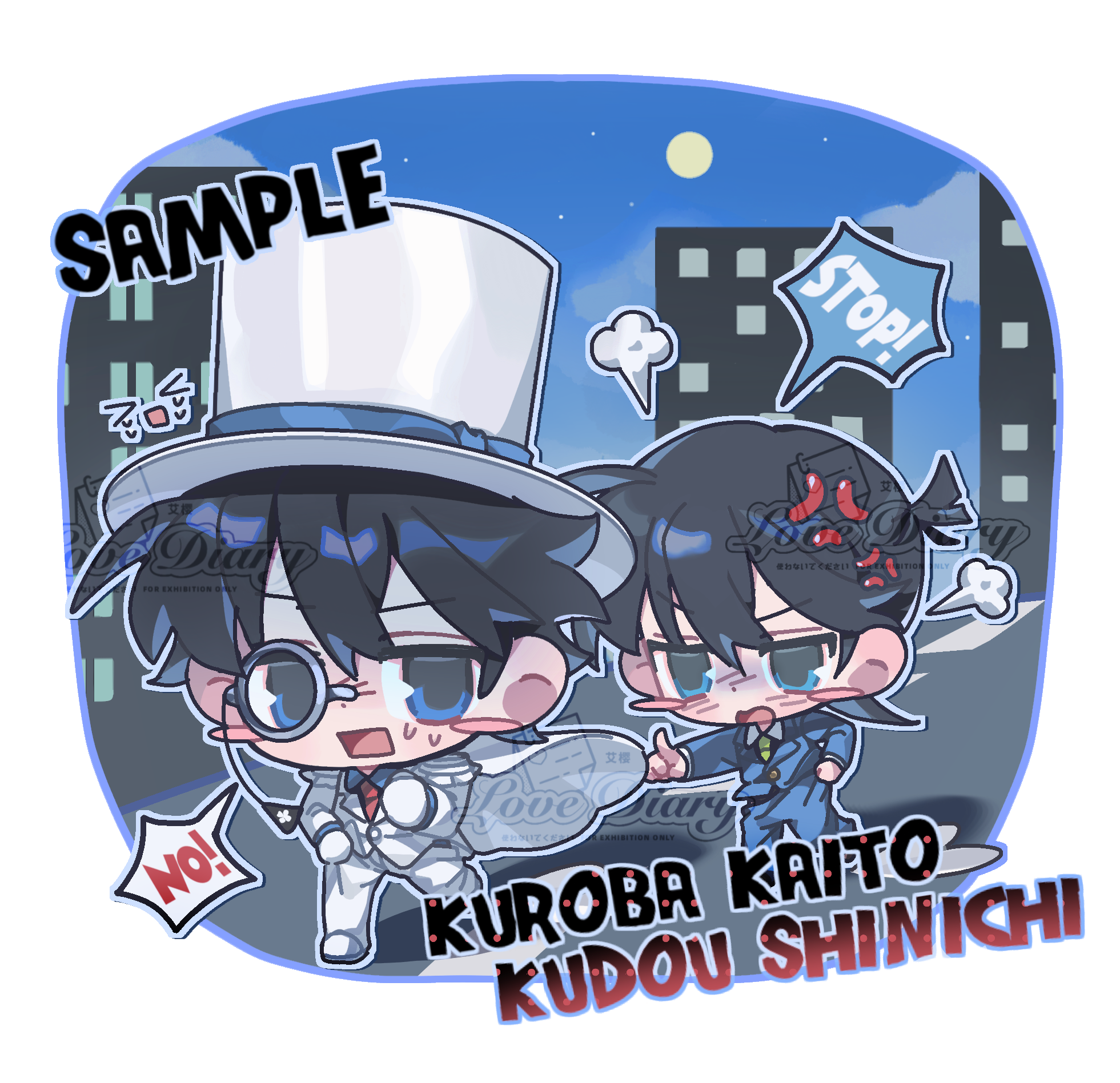ai ying ying ying ying, kaitou kid, kudou shin'ichi, kuroba kaito, meitantei conan, chinese commentary, commentary request, highres, 2boys, anger vein, black hair, blue eyes, blue jacket, blue pants, blue shirt, blue suit, blush stickers, cape, character name, chibi, collared shirt, formal clothes, full body, gloves, green necktie, hair between eyes, hat, jacket, long sleeves, male focus, monocle, multiple boys, necktie, open mouth, pants, pointing, pointing at another, puff of air, rectangular mouth, red necktie, running, sample watermark, shirt, speech bubble, suit, sweat, top hat, watermark, white cape, white gloves, white hat, white jacket, white pants, white shirt, white suit, wing collar