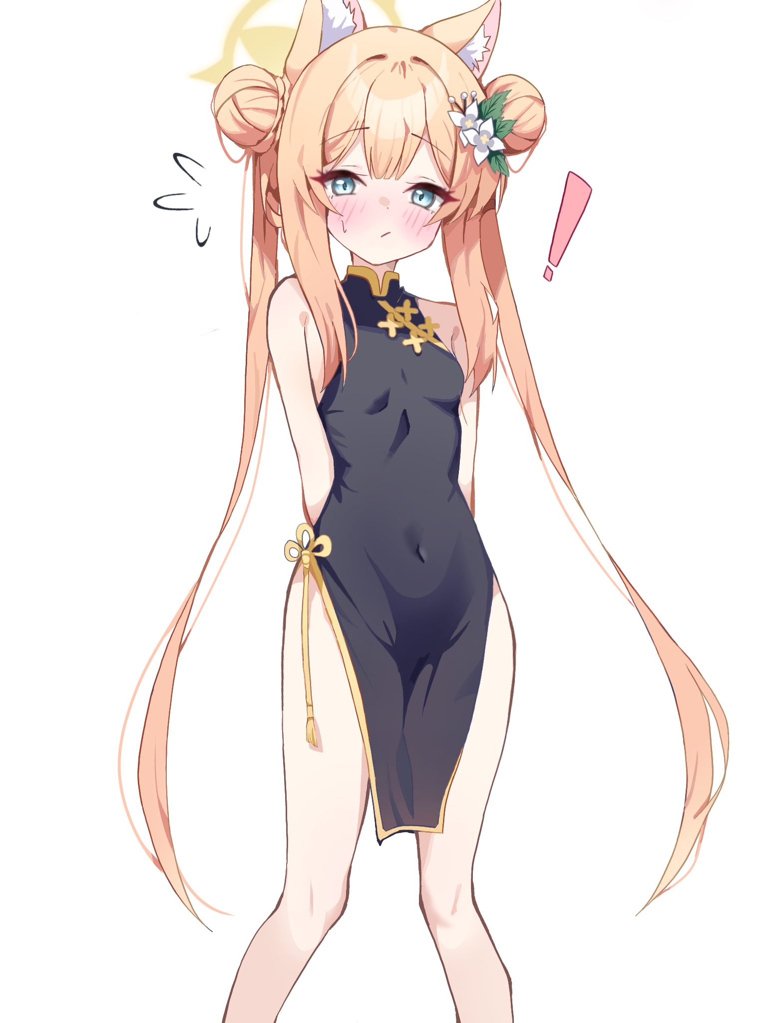 cardcat 00, mari (blue archive), blue archive, commentary request, highres, korean commentary, 1girl, animal ears, blonde hair, blue eyes, breasts, china dress, chinese clothes, double bun, dress, hair bun, halo, looking at viewer, simple background, small breasts, solo, standing, twintails, white background, yellow halo