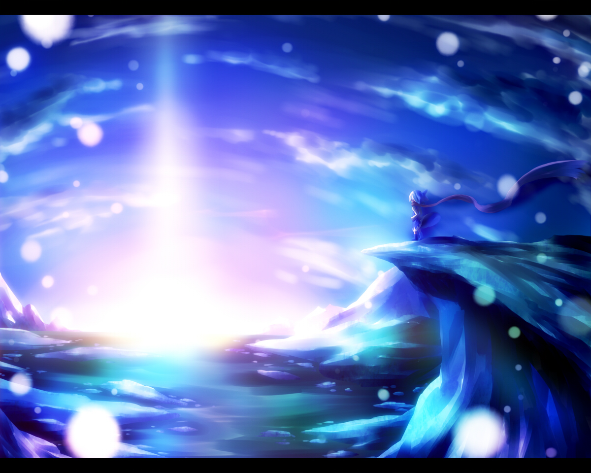 ayakashi (monkeypanch), cirno, cirno-nee, touhou, bad id, bad pixiv id, 1girl, blue theme, cloud, female focus, letterboxed, outdoors, red scarf, scarf, scenery, sky, solo